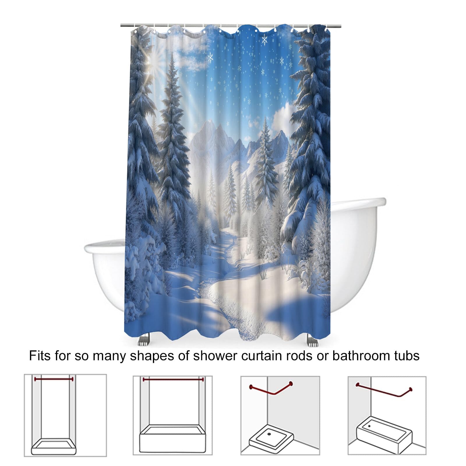 Rideau Douche,Rideau Baignoire Lavable en Machine Rideaux Douche Tissus Lavable Rideau De Baignoire Lavable pour Salle De Bain Domicile Baignoire Famille,Forêt De La Montagne Neigeuse,