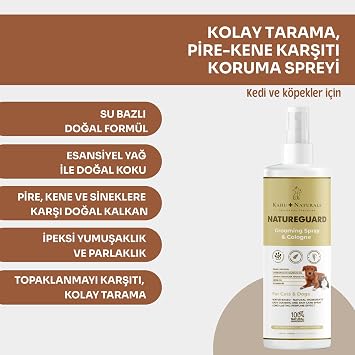 Kahu Naturals NatureGuard Kolay Tarama, Tüy Bakımı, Organik Parfüm Etkili Vücut Spreyi, Pire, Kene, Sinek Karşıtı, Kedi ve Köpek, 250 ml