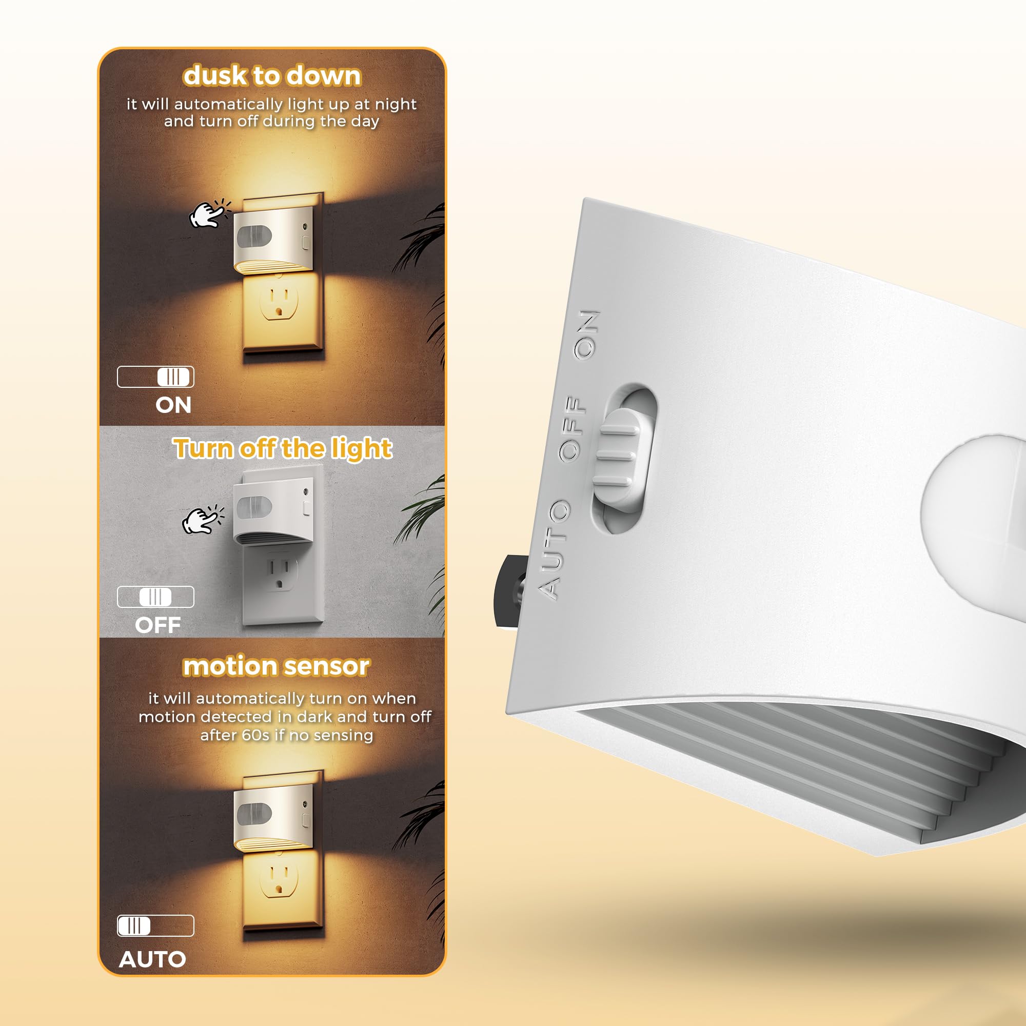 L LOHAS LED-Nachtlicht mit Bewegungsmelder, Bewegungsaktiviertes LED-Nachtlicht, Wandstecker-Nachtlichter mit einstellbarer Helligkeit 30-100 lm, 3000 K, weiches Weiß