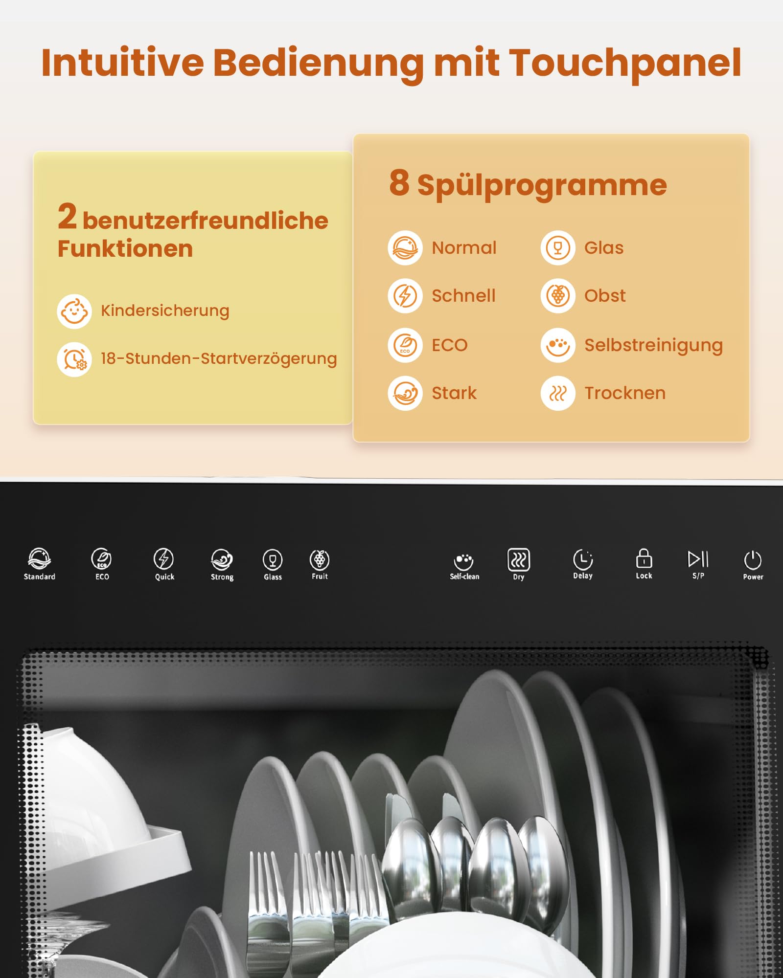 HAVA NEUE Tischgeschirrspüler mit Wasserenthärter, Spülmaschine 8 Programme, Kindersicherung, verzögerter Start