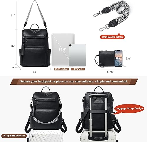 Miniatura 4 de Shrrie Mochila de cuero vegano para computadora portátil para mujer, mochila de trabajo de 15.6 pulgadas, mochila de viaje a la moda para viajes,