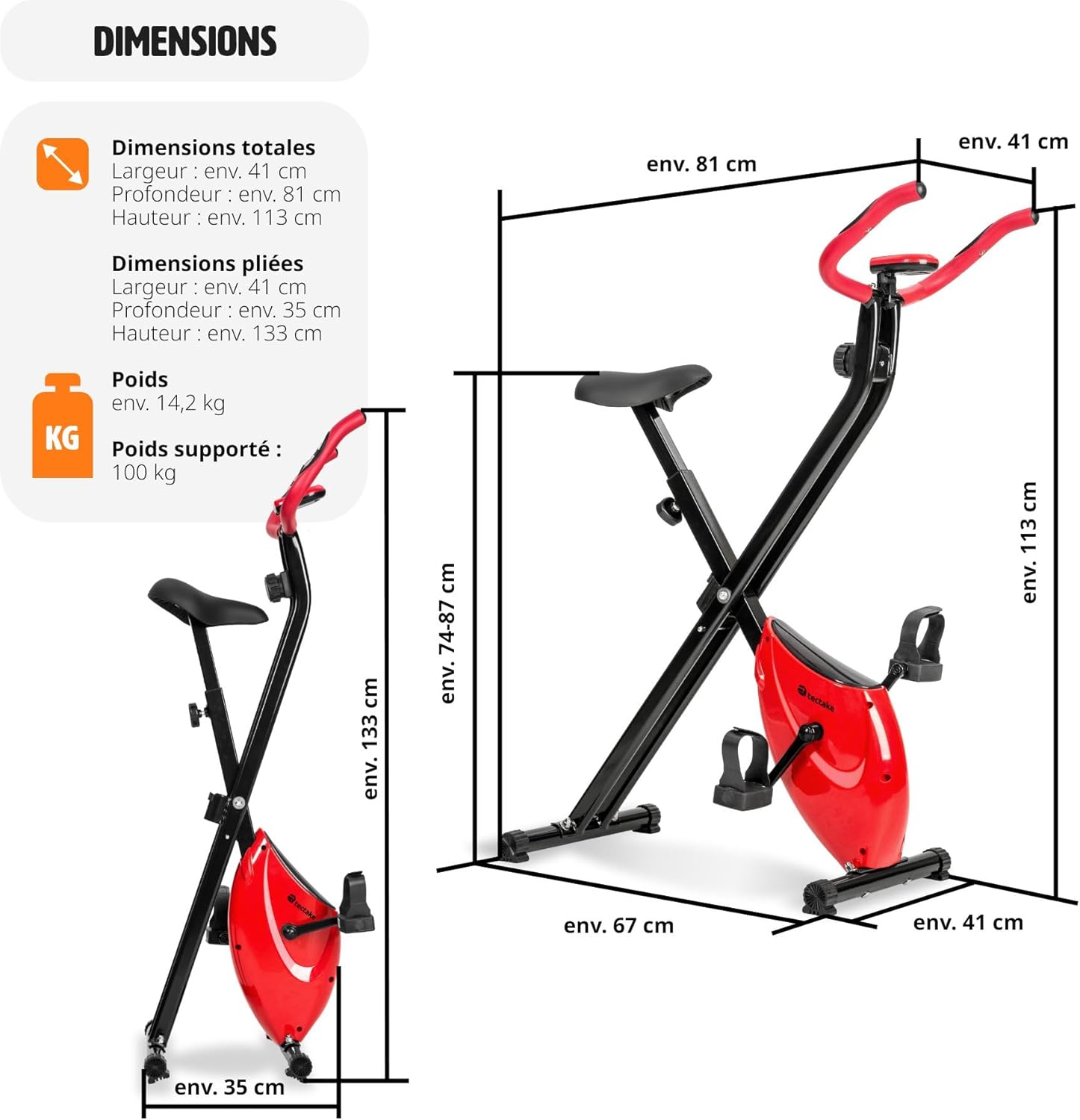 Dimensions of the TecTake Foldable Exercise Bike in both unfolded and folded states