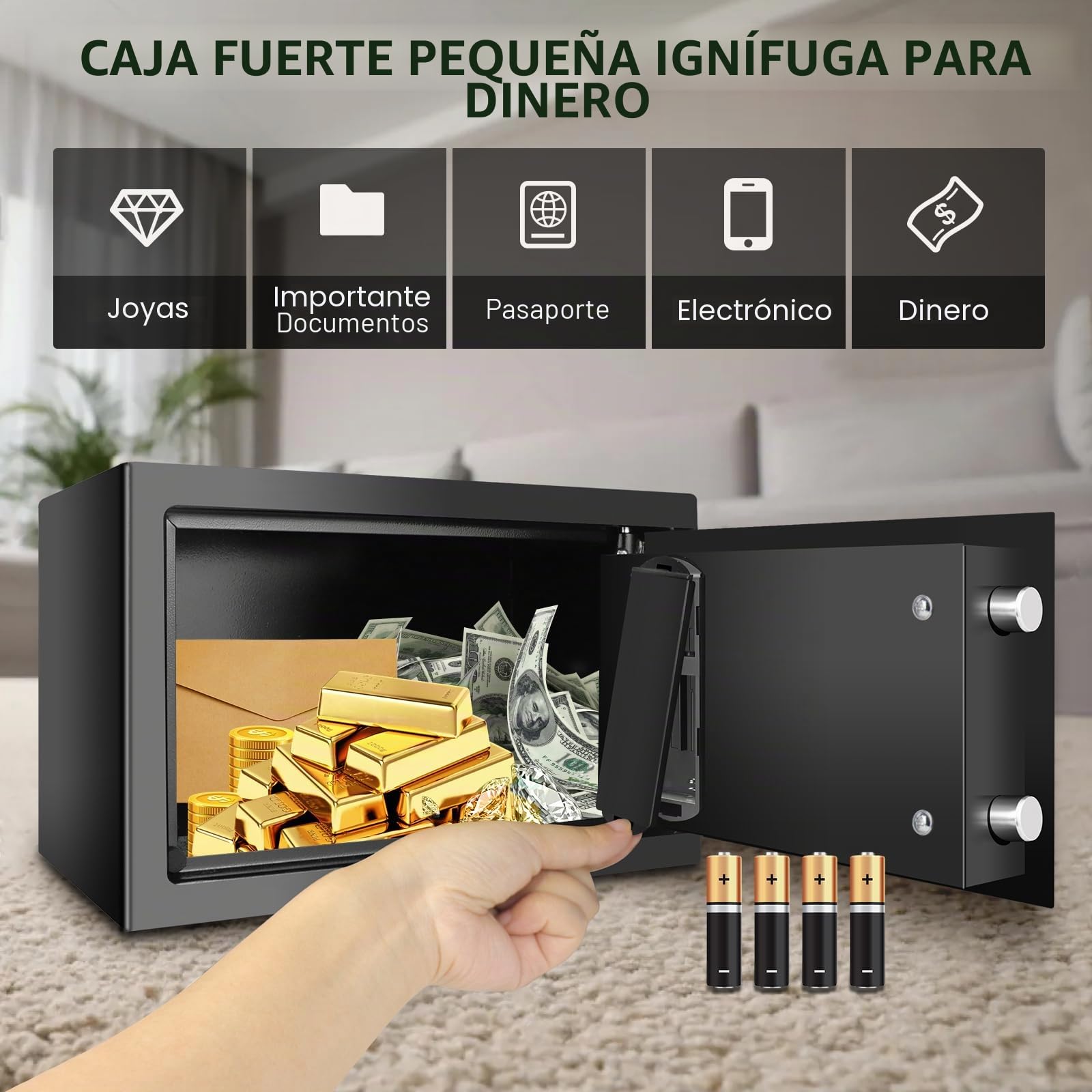 Mini caja fuerte para hogar, 34 l, ignífugo, impermeable, con llave de emergencia, para casa, oficina, caja fuerte, montaje en pared, para dinero en efectivo, joyas, medicamentos, negro, 8,5 l