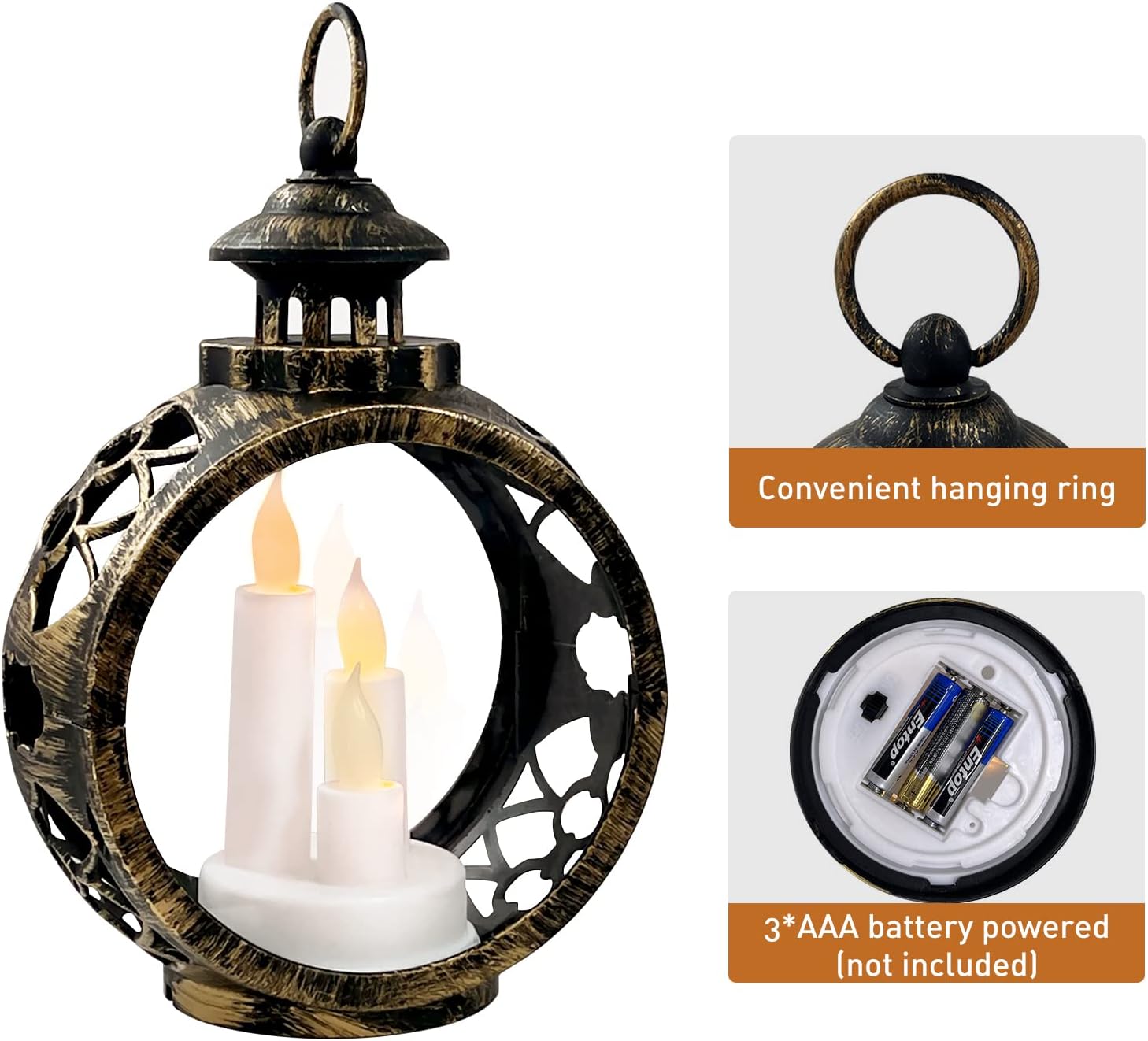 YEKOO Decorative Lantern with Flickering LED Candle Light, Retro Style Christmas Lanterns for Indoor and Outdoor, Christians Church Lantern for Home Decoration, Large, Bronze