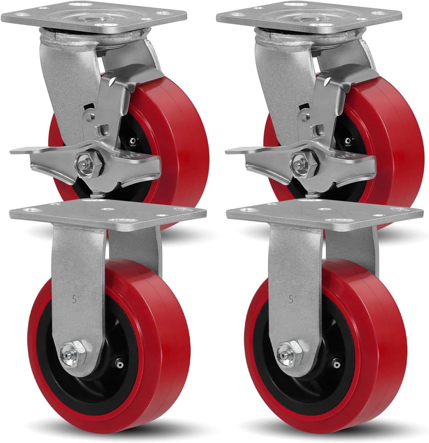 SY America 5" X 2" Caster Wheels, Heavy Duty Industrial Casters,Polyurethane on Polyolefin Core Wheel,Top Plate 4" x 4.5", 2 Rigid 2 Swivel w/Top Lock Brake,3200 LBS Load Capacity（Set of 4）