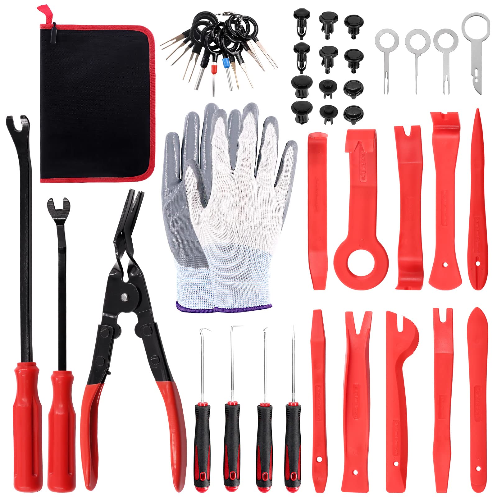 Mardatt 65 Pcs Upgraded Removal and Install Pry Car Tool Kit Contains 6 Size Auto Clips, 11 Wire Terminal Remover, 19 Trim Removal Tool, 4 Pcs Precision Hook for Car Audio Dash Door Panel Window