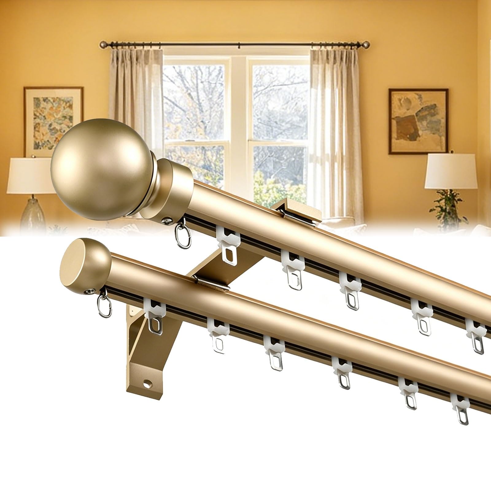 Jixcjhj Gold Double Curtain Rods Tracks For Windows Heavy Duty Slilent Rod Rails With Aluminum Alloy Brackets Easy Install For Bedroom/Living Room/Window/Hotel(,2.7M/8.9Ft)