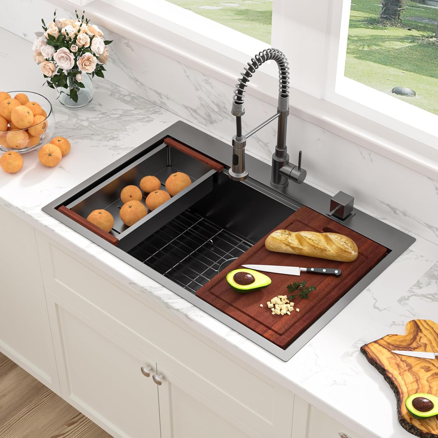 Sarlai 33 Black Kitchen Sink Drop In - 33" x 22" Kitchen Sink Workstation Topmount Gunmetal Black Stainless Steel Sink 16 Gauge Single Bowl Over Counter Drop Kitchen Sinks Basin Gunmetal Black 33"x22"