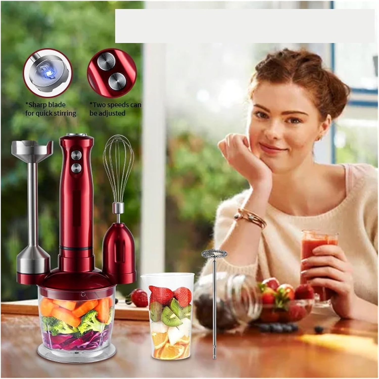 Compatible For Electric Immersion Blender Hand with Whisk 5 in 1 600W,304 Stainless Steel Ice Crush Blade with, Milk Frother(EU Plug)