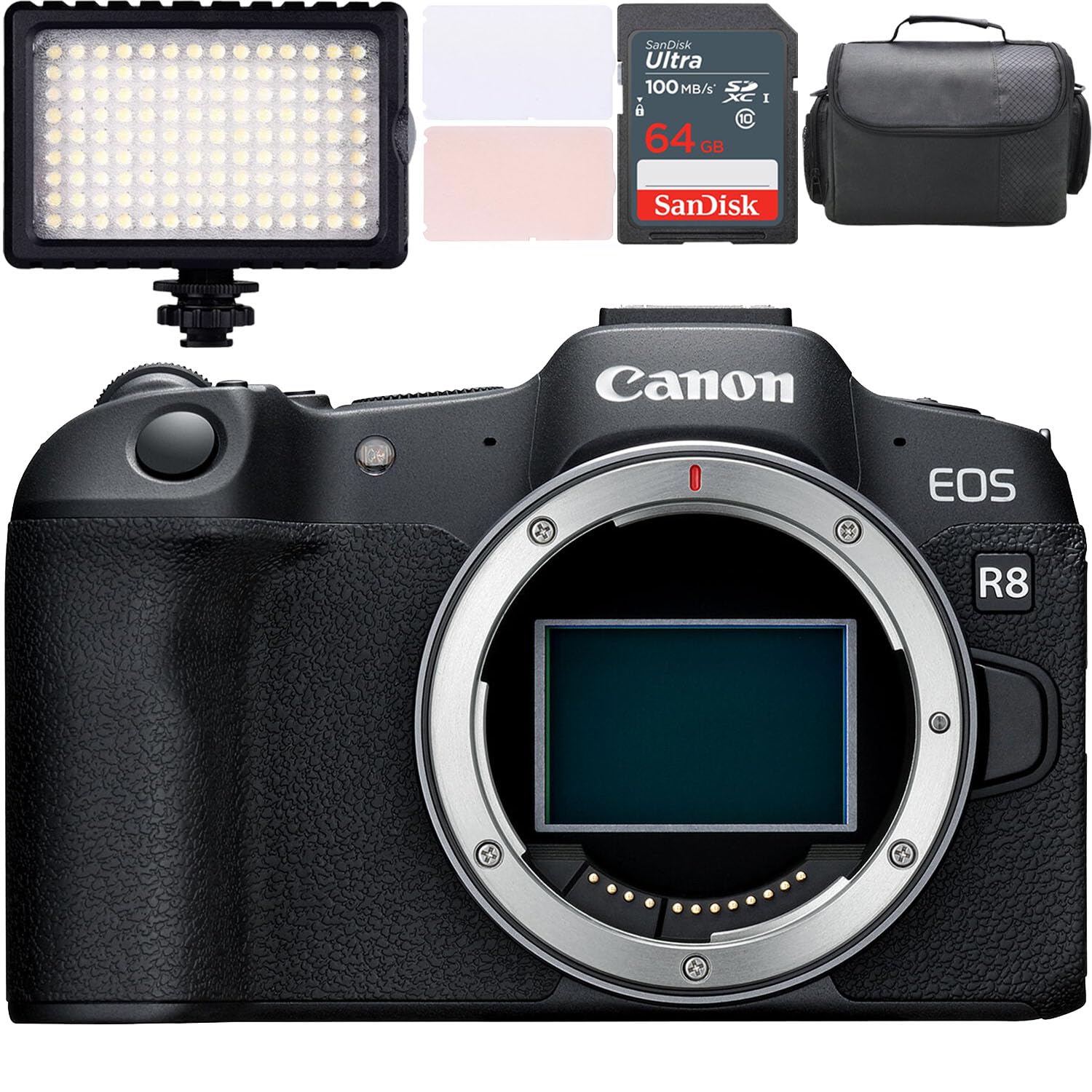 Canon EOS R8 Mirrorless Camera (Body Only) + LED Video Light + Camera Case + 64GB Memory (9pc Bundle) (Renewed)