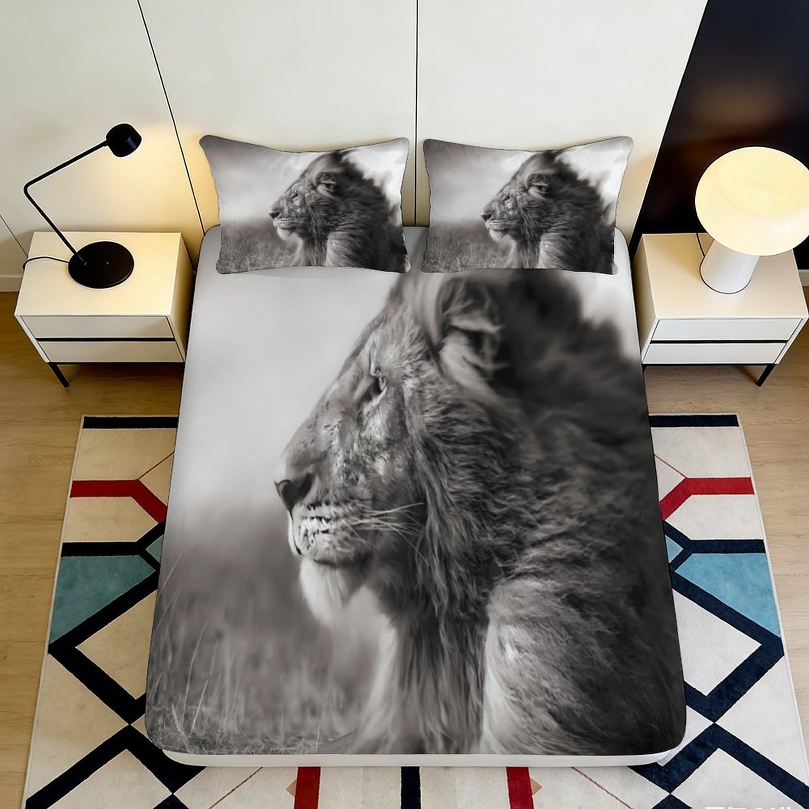 3D Printed Lion Portrait Fitted Sheet Microfiber Soft Breathable Wild Animal Bed Cover for Bedroom Guest Room Decor 90x200x25cm