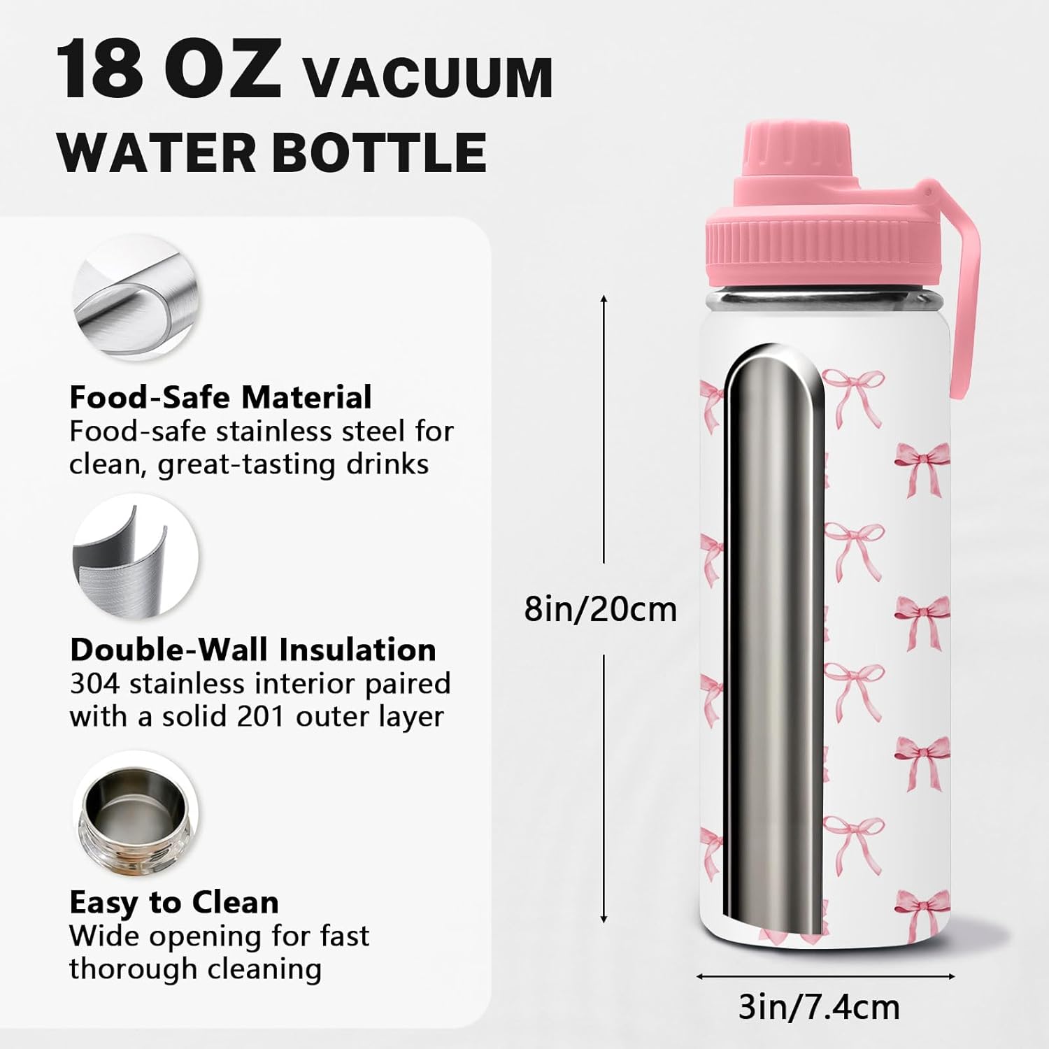 Bow Knot Water Bottle for Daughter, Stainless Steel Insulated Tumbler for Home with 2 Lids & Handle, Antislip Silicone Boot, 18oz Reusable Leak-proof Bottle for Sports, 1 PCS - Image 5