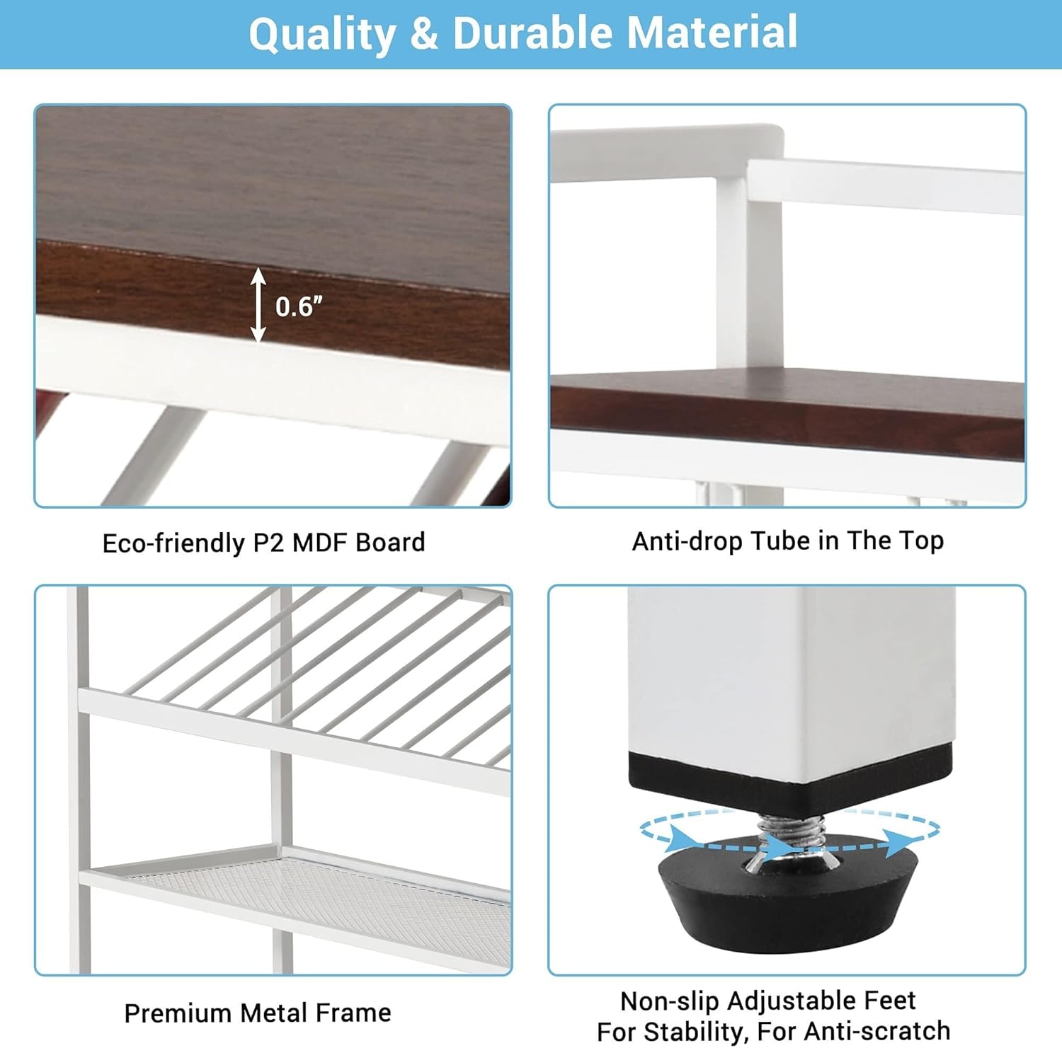 Industrial 6-Tier Baker Rack with Wine & Glass Holders – Multifunctional Kitchen Microwave Stand, Office Storage Shelf, Metal Frame, Dark Brown White MDF