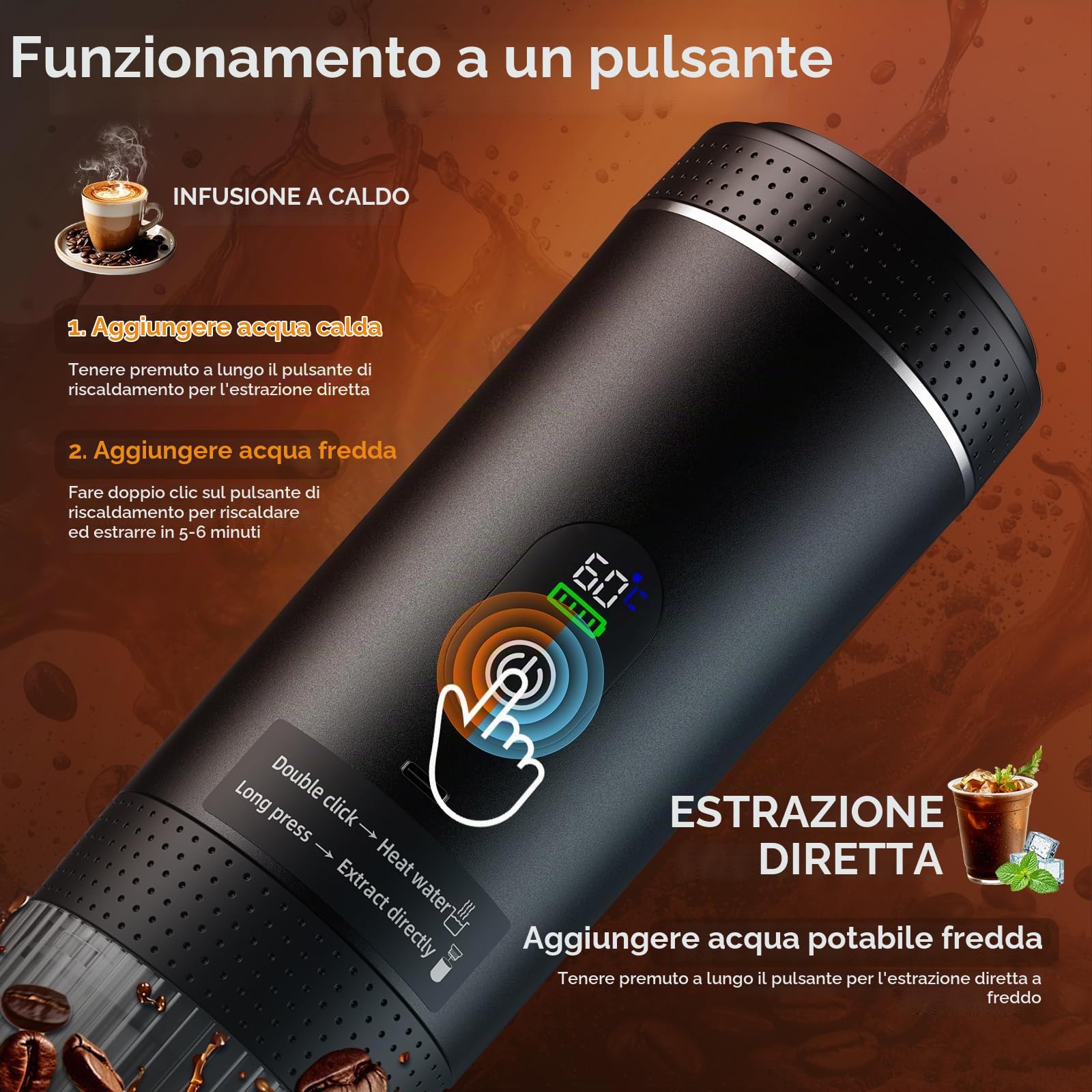Macchina Caffe Portatile, Caffettiera Portatile 3-in-1 con batteria 7500 mAh,20 Bar, Autoriscaldante,USB-C,Piccola Macchina da Caffè 3 in 1 con Caffè Macinato e Capsule (NS & DG) per Camper