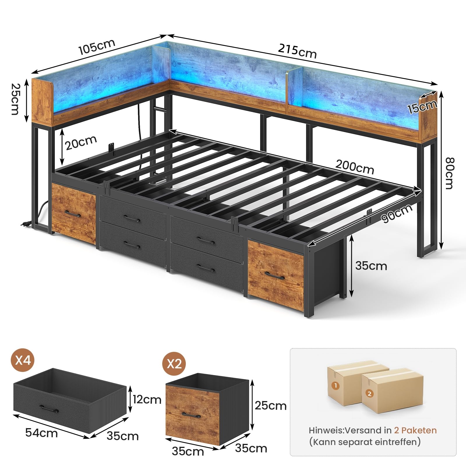 AOGLLATI Schlafsofa 90x200 Jugendbett mit Integriertem Bücherregal & 6 Schubladen,Bett mit Stauraum & LED-Beleuchtung Gästebett Tagesbett Bettgestell mit Lattenrost (Vintage Braun, 90x200cm)