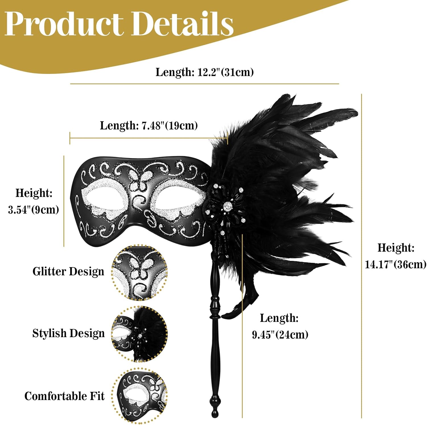 Womens Masquerade Mask with Stick and Feather: Handheld Costume Mardi Gras Venetian Party Masks Halloween Decoration - Image 9