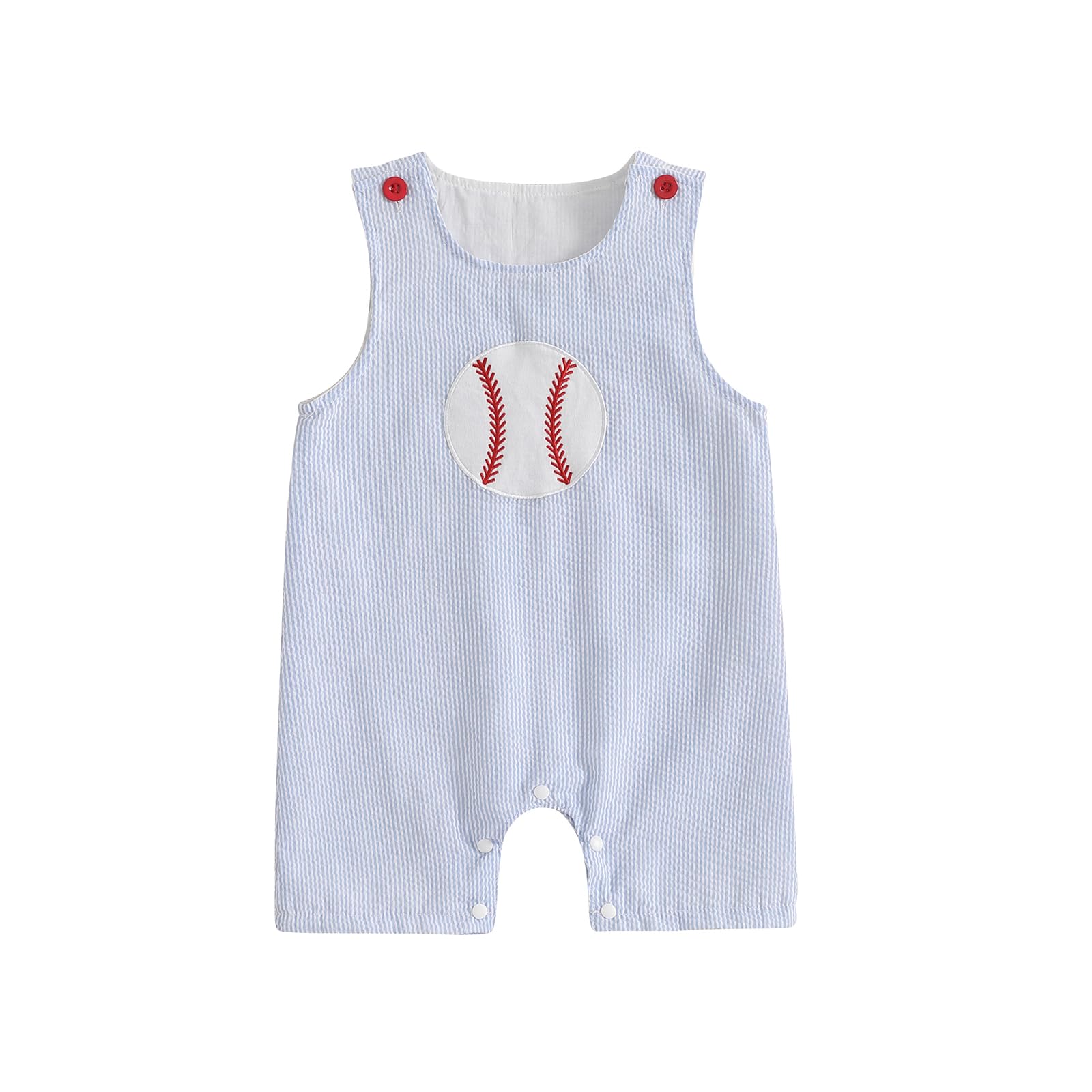 Motlapol Newborn Baby Boy Striped Outfit Truck/Sailboat Embroidery Button Strap Sleeveless Tank Romper Infant Summer Overalls (Light Blue Baseball, 0-3 Months)