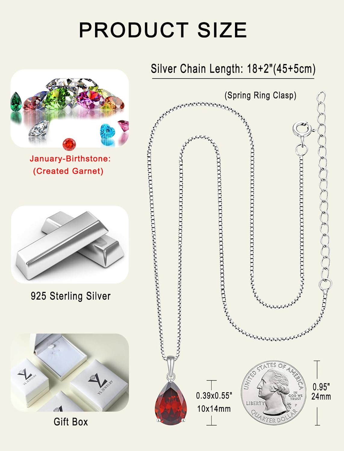 YL Teardrop Necklace 925 Sterling Silver Solitaire Pendant 10x14 MM Pear Cut Birthstone Filigree Jewelry for Women