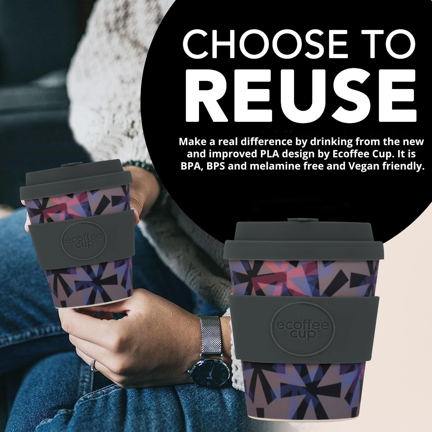 Ecoffee Cup 8oz 240ml Reusable Eco-Friendly 100% Plant Based Coffee Cup with Silicone Lid & Sleeve - Image 3