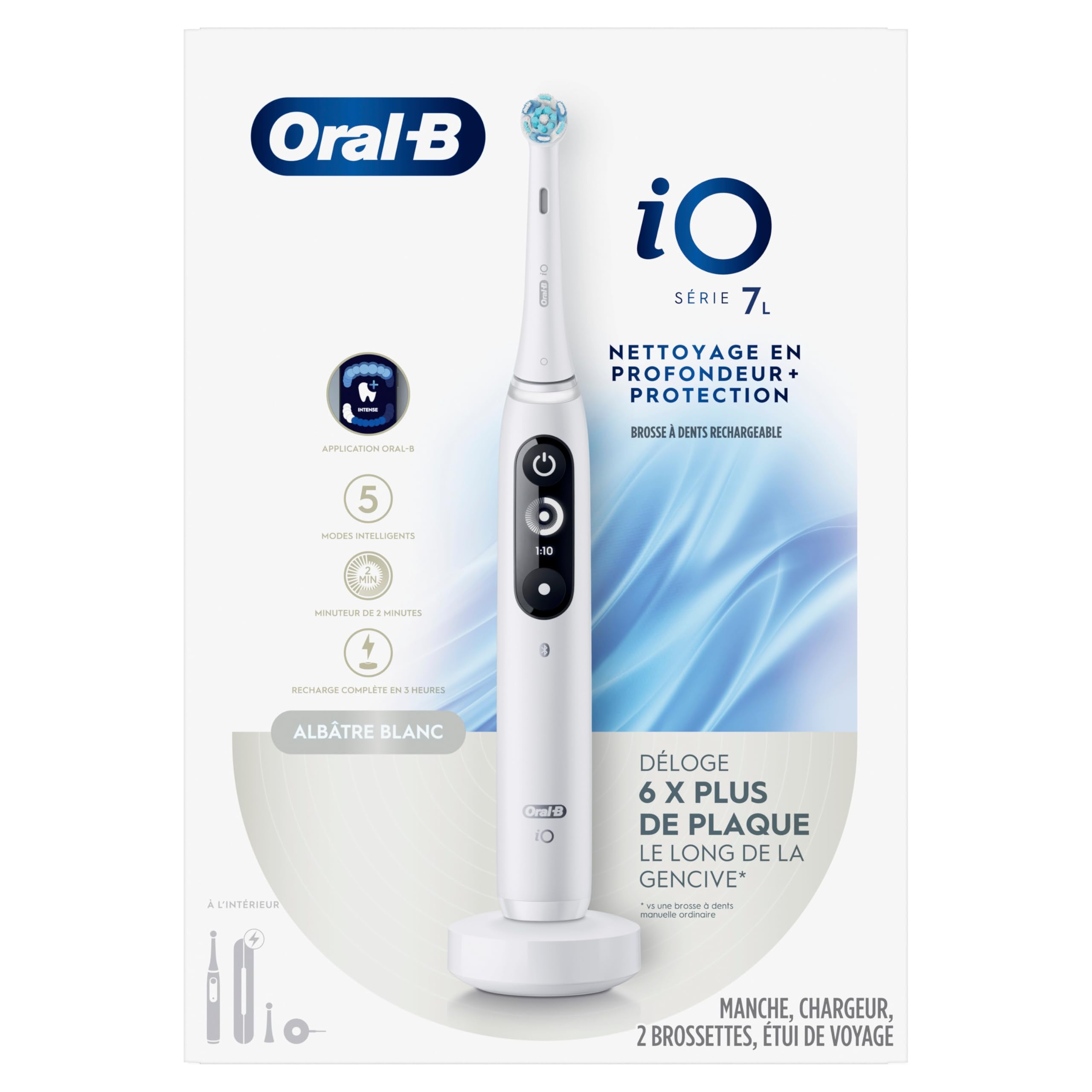 Oral-B iO - Spazzolino elettrico ricaricabile Deep Clean + Protect, bianco, con spazzolino iO Series 7, 2 testine di ricambio e custodia di ricarica da viaggio