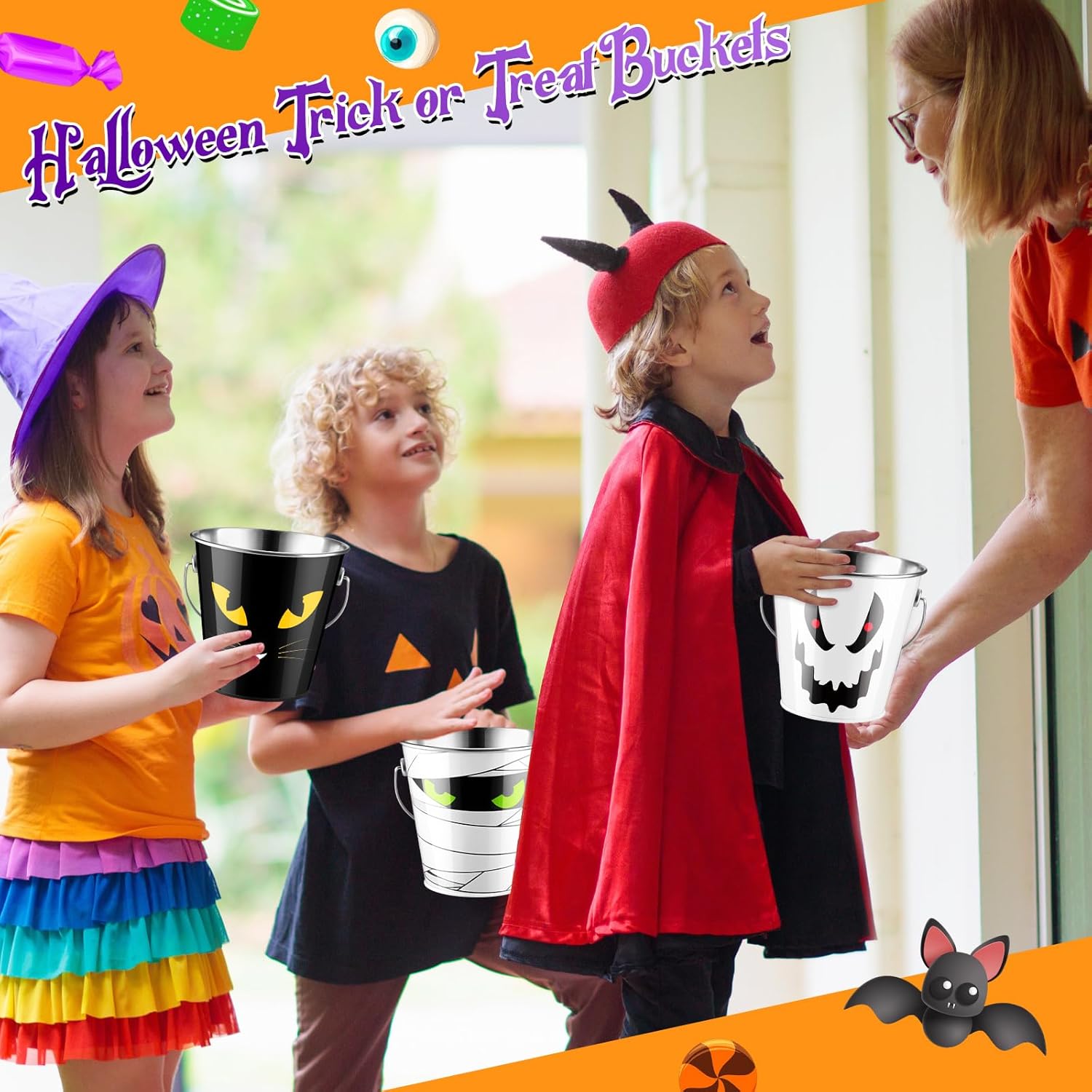 Tioncy 18 Pcs Halloween Bucket Metal Bulk Kids Party Favors Trick or Treat Pail with Handle Candy Treat Bucket Pumpkin Colored for Children Toy Christmas Birthday Supplies