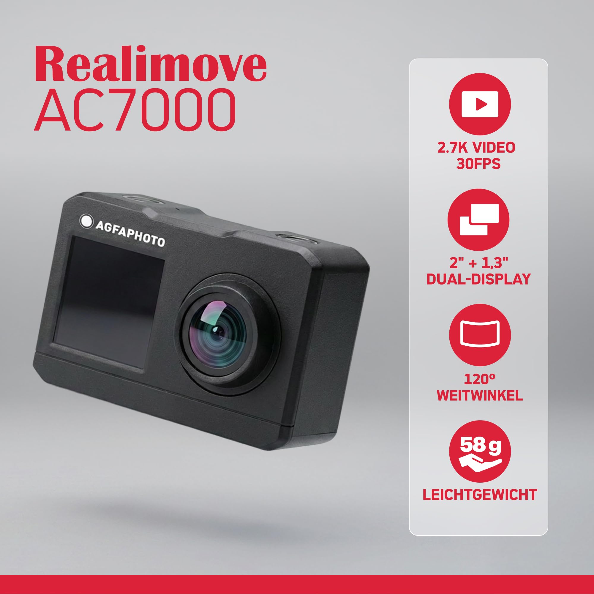 AgfaPhoto - Sportkamera - AC7000 - True 2.7K 30FPS, Doppelter Touchscreen, 120° Weitwinkel, Wasserdichtes Gehäuse 30m - WiFi - 10 Zubehörteile inklusive