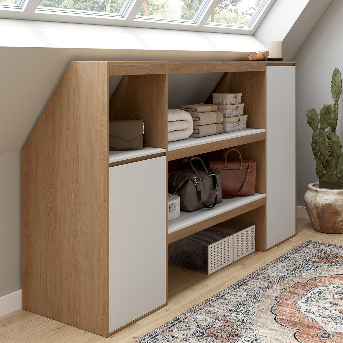 TOMI Set Regal 2 Ebenen Schrank 1 Tür Nische unter Dachschräge Buche Weiß
