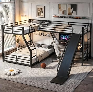 Bellemave Twin Over Full L-Shaped Triple Bunk Beds with Slide and Desk, Metal L-Shaped 3 Bunk Beds for Kids, Black
