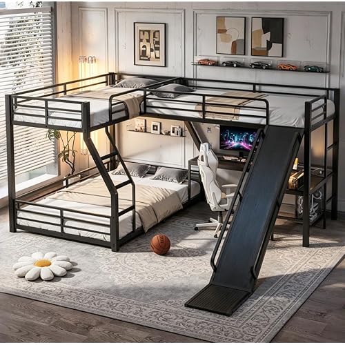 Bellemave Twin Over Full L-Shaped Triple Bunk Beds with Slide and Desk, Metal L-Shaped 3 Bunk Beds for Kids, Black