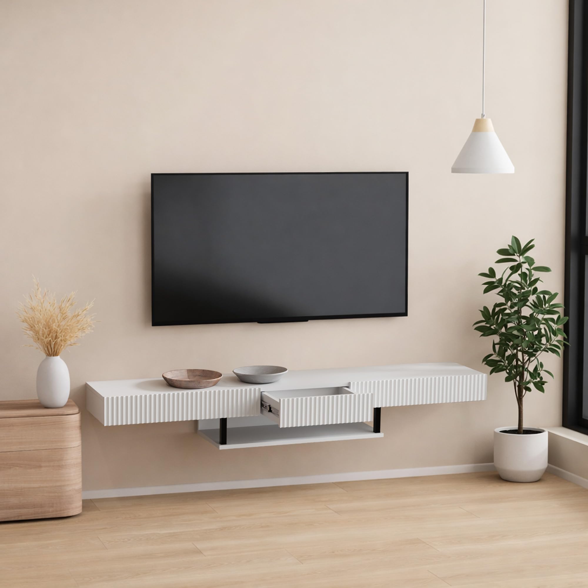 MB Muebles Bonitos | Mobile TV sospeso 150 cm colore bianco Renzo | Per soggiorno e sala da pranzo moderni | 1 cassetto | Struttura in melamina opaca 150x40x22 cm