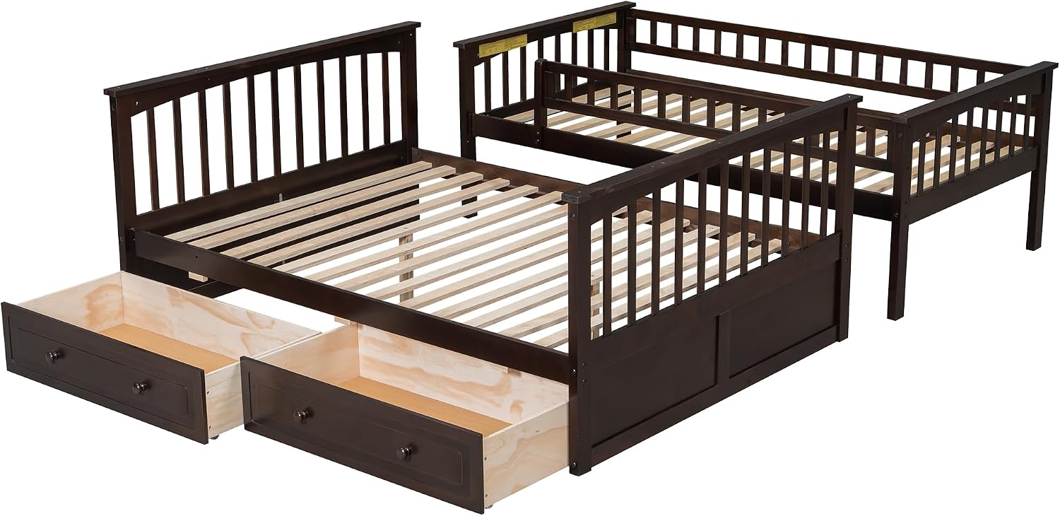 Merax Twin Over Full Bunk Bed with 2 Drawer and Ladder for Kids or Teens, Woooden Convertible Bunk Bed into 2 Beds with Guardrails for Safety, No Box Spring Needed, Espresso