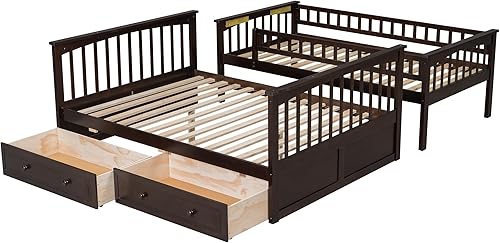 Miniatura 191 de Litera individual sobre matrimonial con cajones, escalera deslizante y almacenamiento, litera de madera con barandilla alta y escalera para niños,