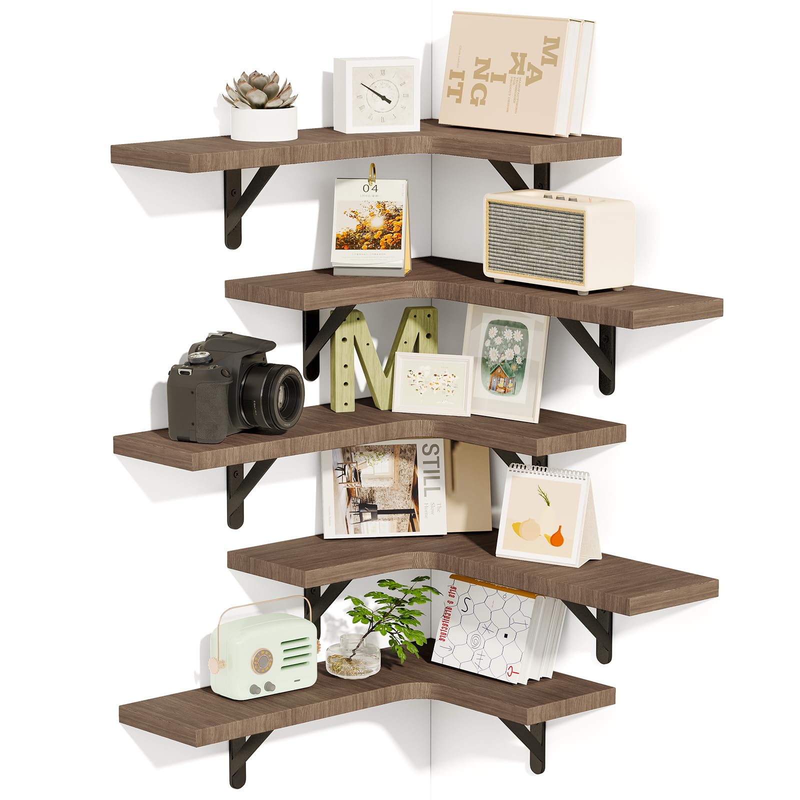 Fixwal Corner Floating Shelves Set of 5, Wall Mounted Corner Shelf, Rustic Wood Wall Shelves for Bathroom, Kitchen, Bedroom, Home Decor, Laundry Room, Living Room (Walnut)