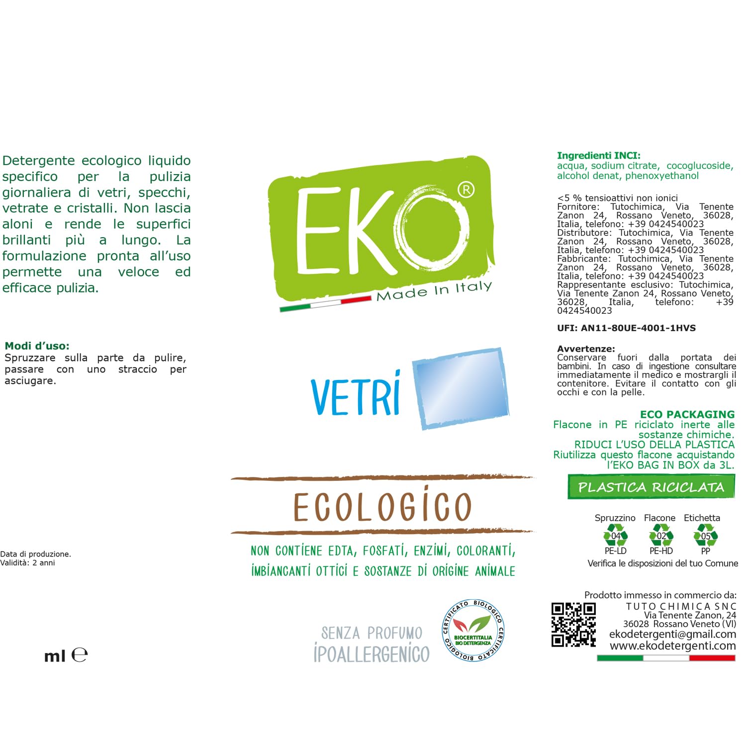 EKO Detergente Vetri Casa Ecologico 500ml Senza Profumo