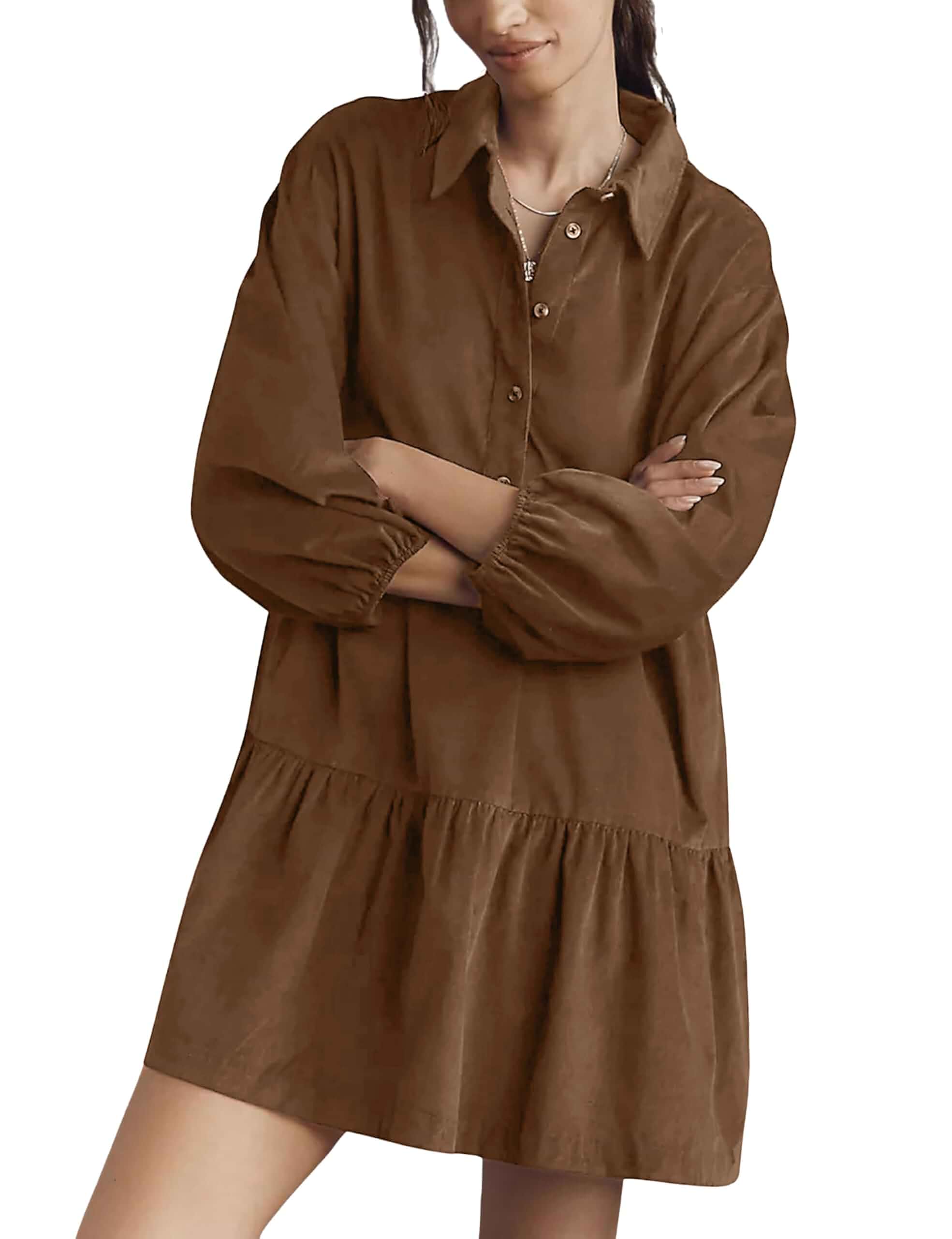 Womens Mini Shirt Corduroy Dress Oversized Lantern Sleeve Turndown Collar Button Up Babydoll Dress with Pockets 3/4 Sleeve