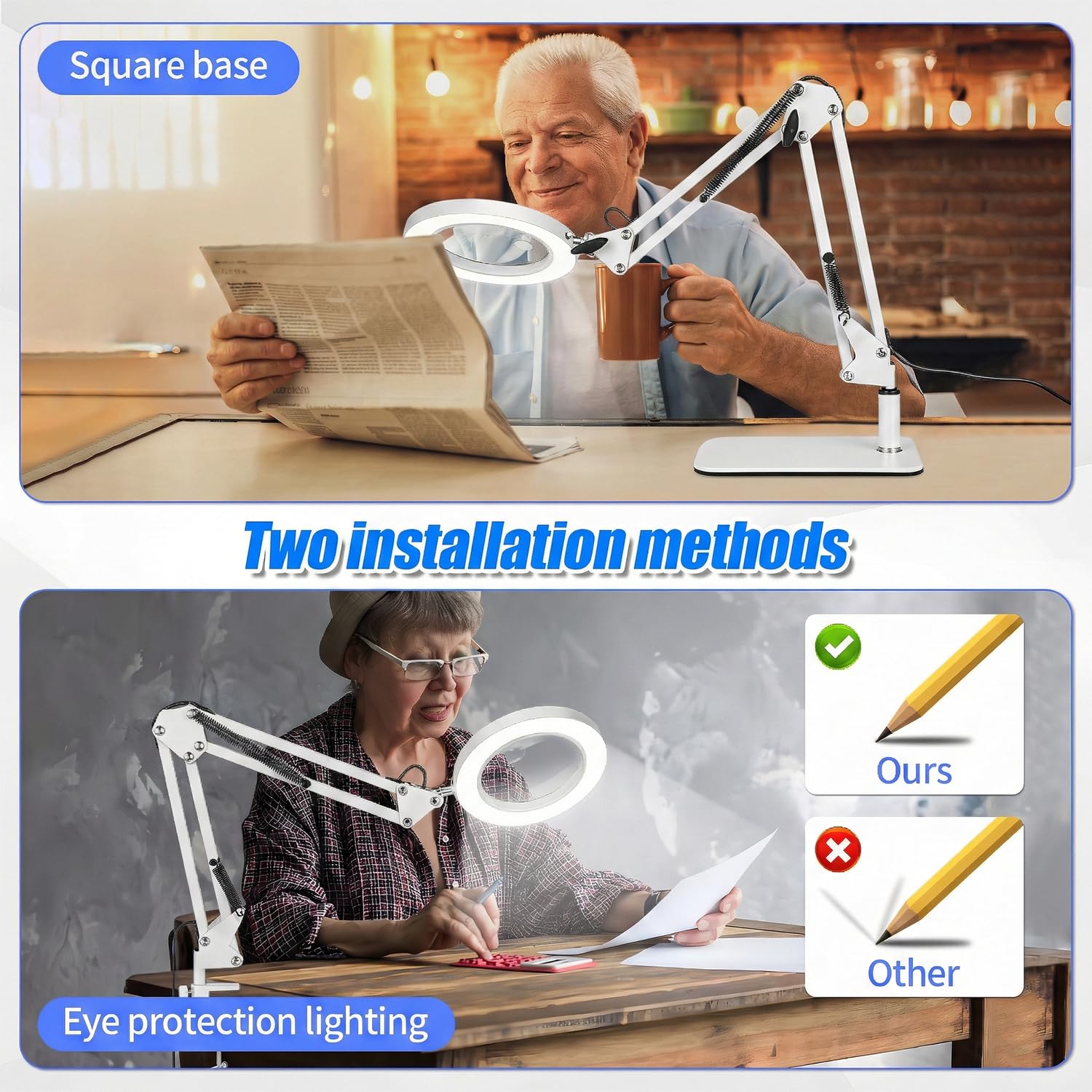 Loupe 15x 10x avec lumière et support, lampe de bureau grossissante 2 en 1 avec pince et base, 3 modes de couleur à intensité variable avec bras oscillant, lumière loupe lumineuse LED pour lecture