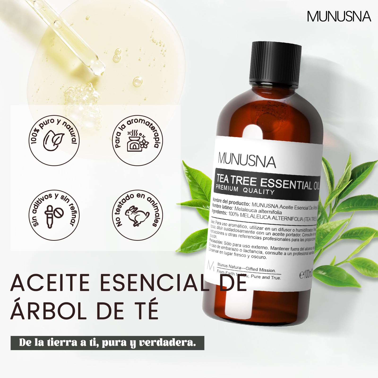 Aceite de Árbol de Té 100% Puro 100ML, MUNUSNA Aceite Esencial Tee Tree para Puntos Negros, Granos, Cabello, Uñas, Aceites Esenciales Arbol de Te Naturales para Humidificador Difusor, Tea Tree Oil - 3