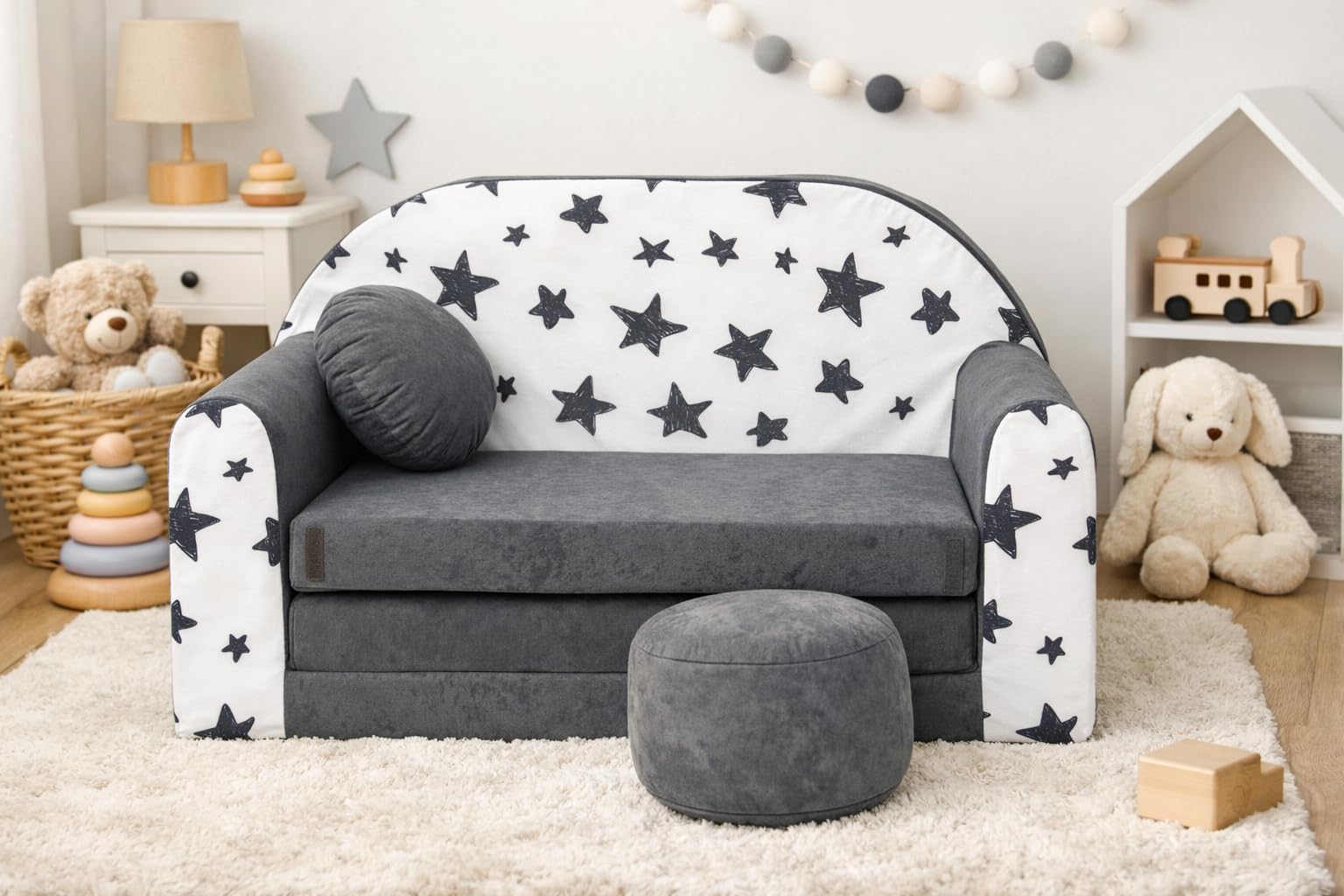 Sofá Cama Infantil 2 Plazas Convertible Plegable AC1 Gris con Puf