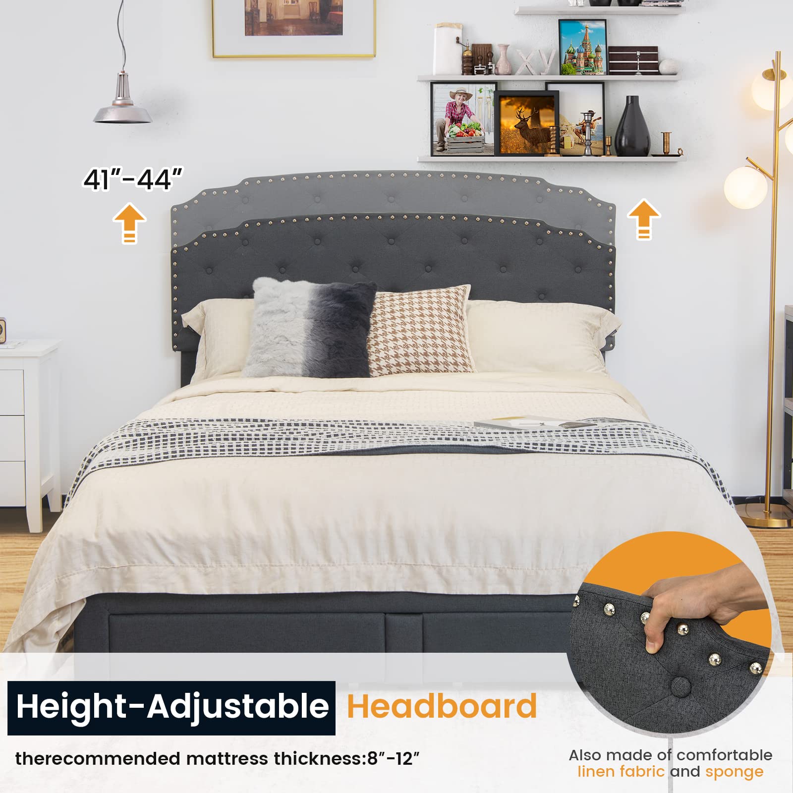 Yaheetech Upholstered Queen Bed Frame With Adjustable Headboard – No Box Spring Needed, Dark Grey Platform Bed