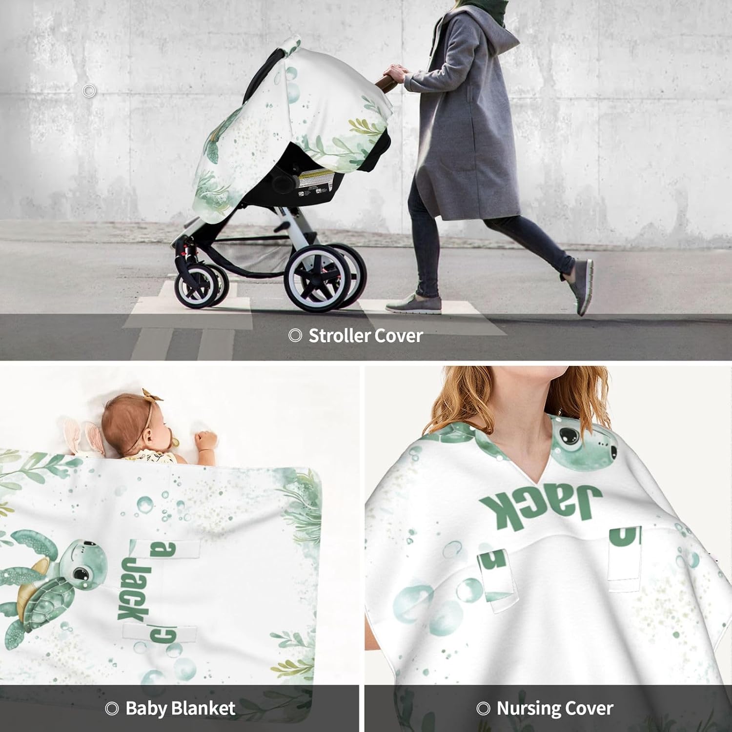 Personalized Baby Girl Car Seat Canopy for Babies, Custom Name Baby Car Seats Cover for Boys Girls, Sea Turtle Opening Minky Nursing Breastfeeding Covers for Infant, Carseat Canopies for Newborn