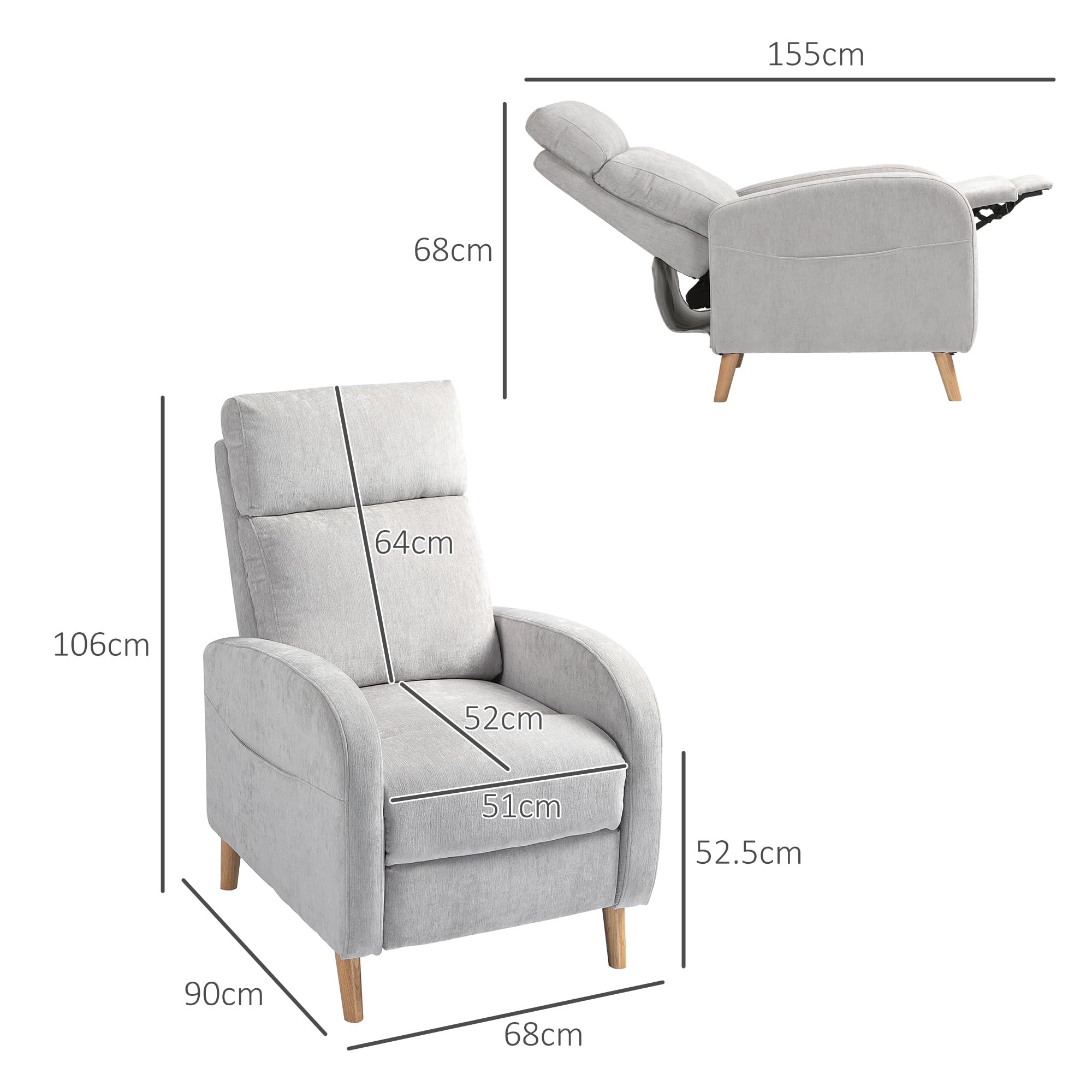 HOMCOM Poltrona Relax Reclinabile Manuale con Poggiapiedi e Braccioli Ricurvi, Poltrona Reclinabile con Gambe in Legno, Tessuto e Acciaio per Camera da Letto, Salotto e Soggiorno, Grigio Chiaro