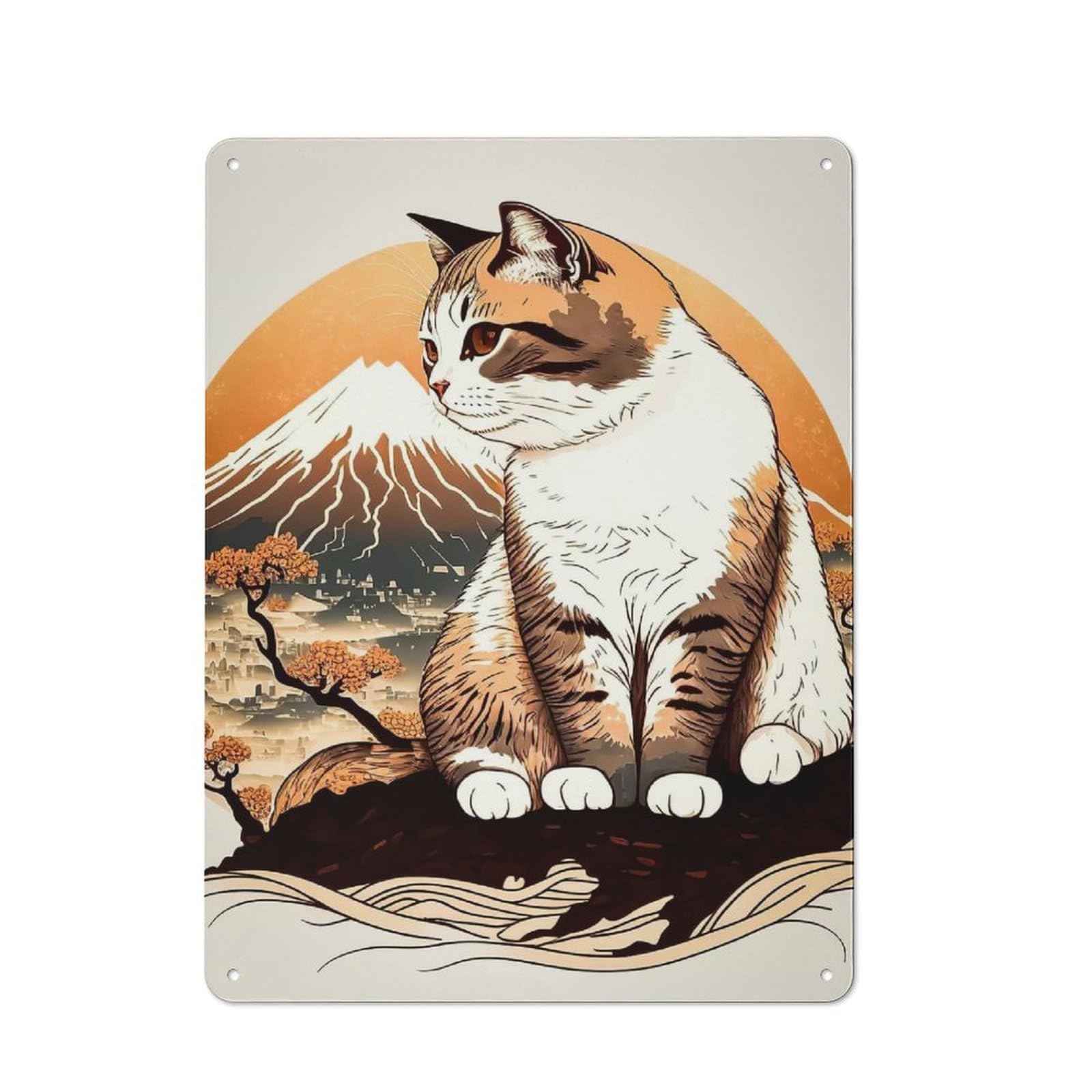 Junmoney Style-23 Cat Cherry Blossom Japan Classic Metal Wall Decor 40X30cm, Office Metal Sign For Workspace, Cafe, Shop Or Desk Area