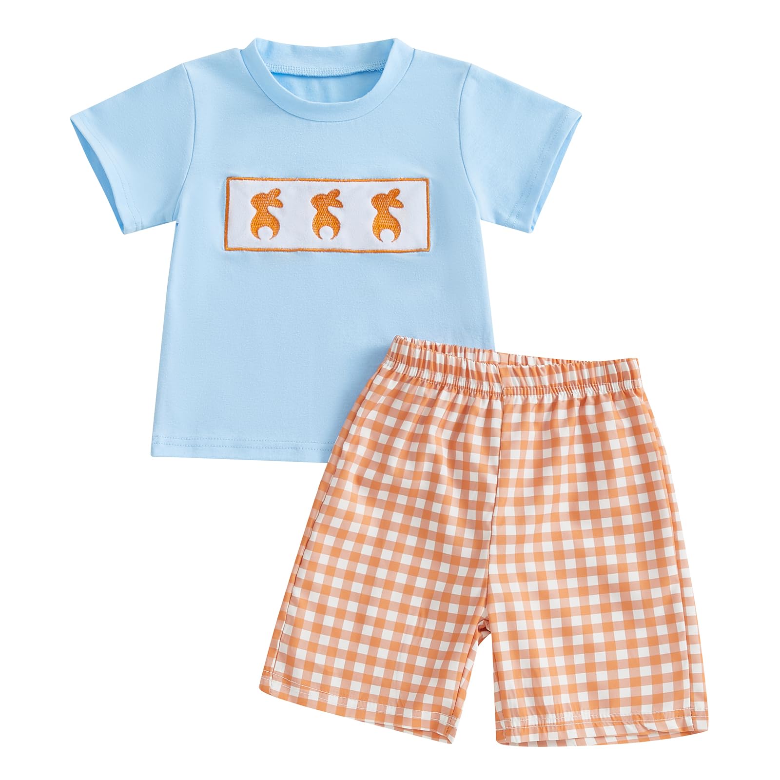 Toddler Baby Boy Easter Rabbit Outfit Short Sleeve Bunny Carrot Smocked T-shirt Elastic Waist Shorts Summer Clothes