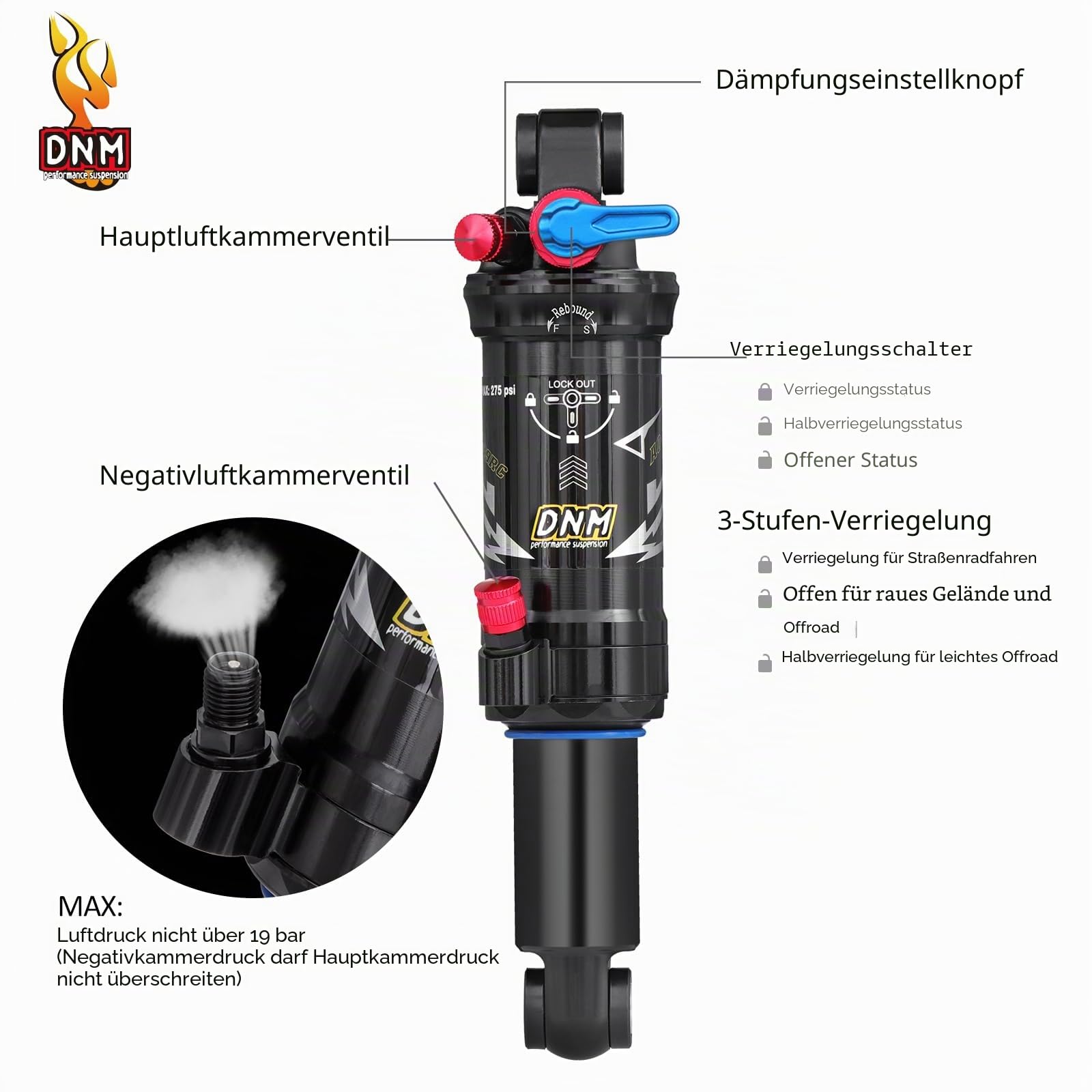 DNM AO-39RC MTB-Hinterrad-Stoßdämpfer Fahrrad Luft-Hinterrad-Stoßdämpfer Rückstoß/Lock Out - Einstellbarer Luftdruck 165/190/200mm Fahrrad-Hinterrad-Stoßdämpfer (165mm)