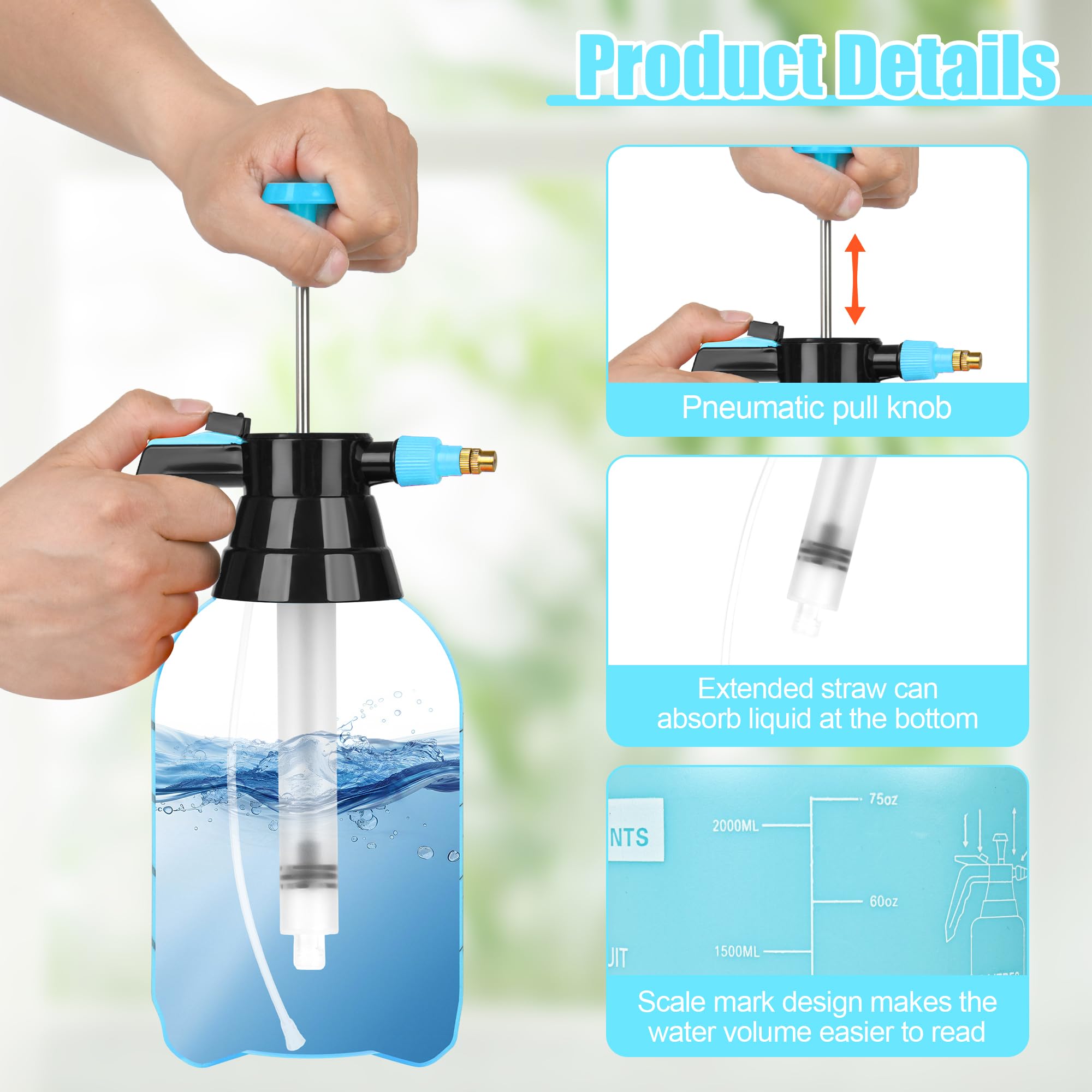 3 pulverizadores de bomba de mano de plástico de 1/2 galón, pulverizador de presión de jardín con boquilla ajustable para plantas, limpieza, tareas domésticas, color azul