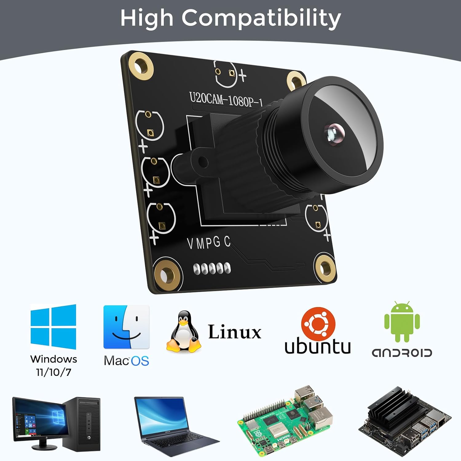innomaker 1080P USB2.0 UVC Camera module showing compatibility with Windows, MacOS, Linux, Ubuntu, Android, and various devices like PC, laptop, Raspberry Pi, Jetson Nano