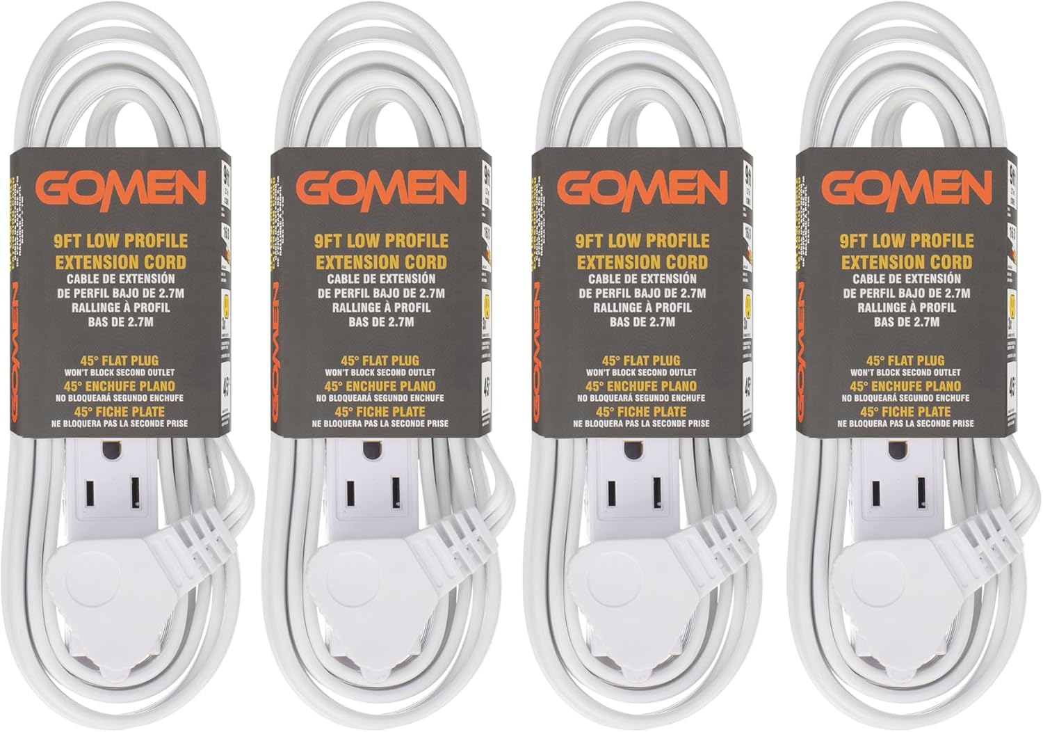 GOMEN 9 Feet Indoor Extension Cord with 3 Outlets, AWG 16/3 Angled Flat Plug Power Strip, 3 Prong Grounded, 13 Amps - 1625 Watts - 125 VAC, White, 4 Pack