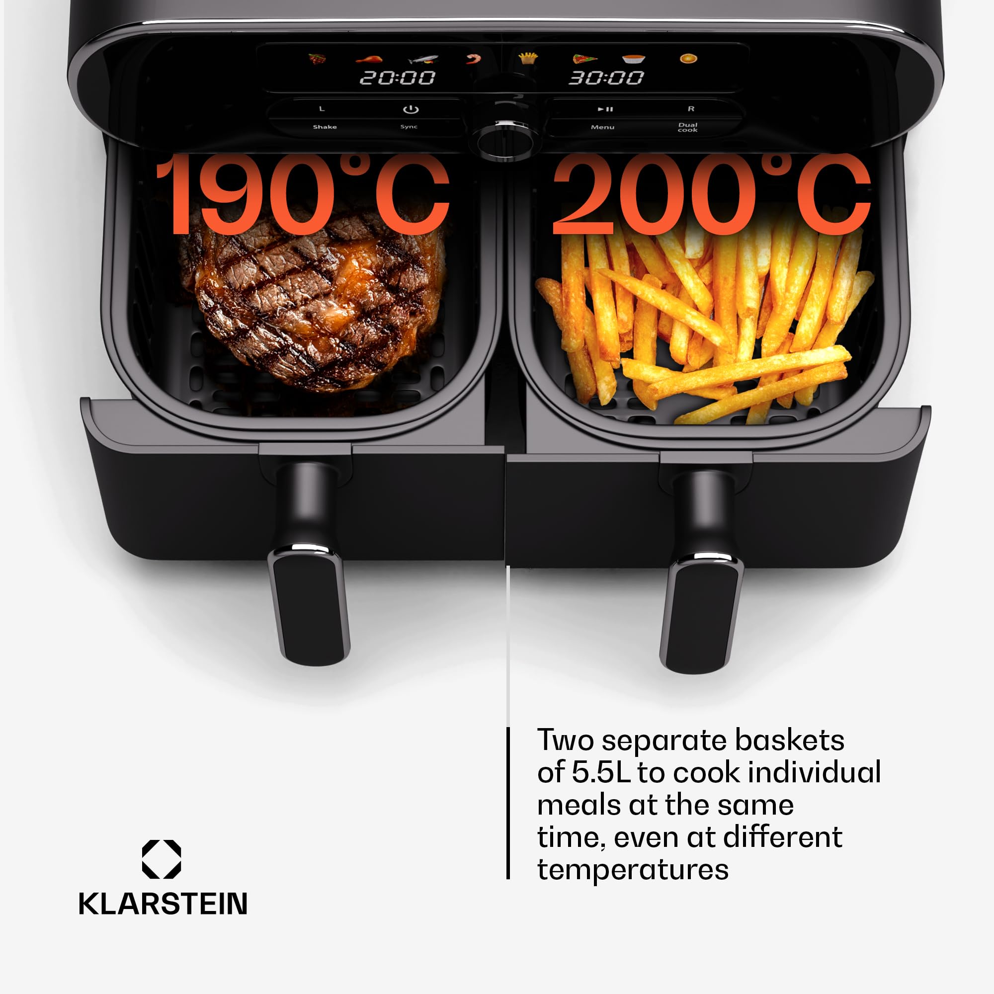 Klarstein AuraAir Color Touch Dual frytkownica na gorące powietrze, 11 l, podwójna komora Airfryer, 1700 W, 8 programów, ekran dotykowy, 75% mniej tłuszczu, nieprzywierająca, ochrona przed