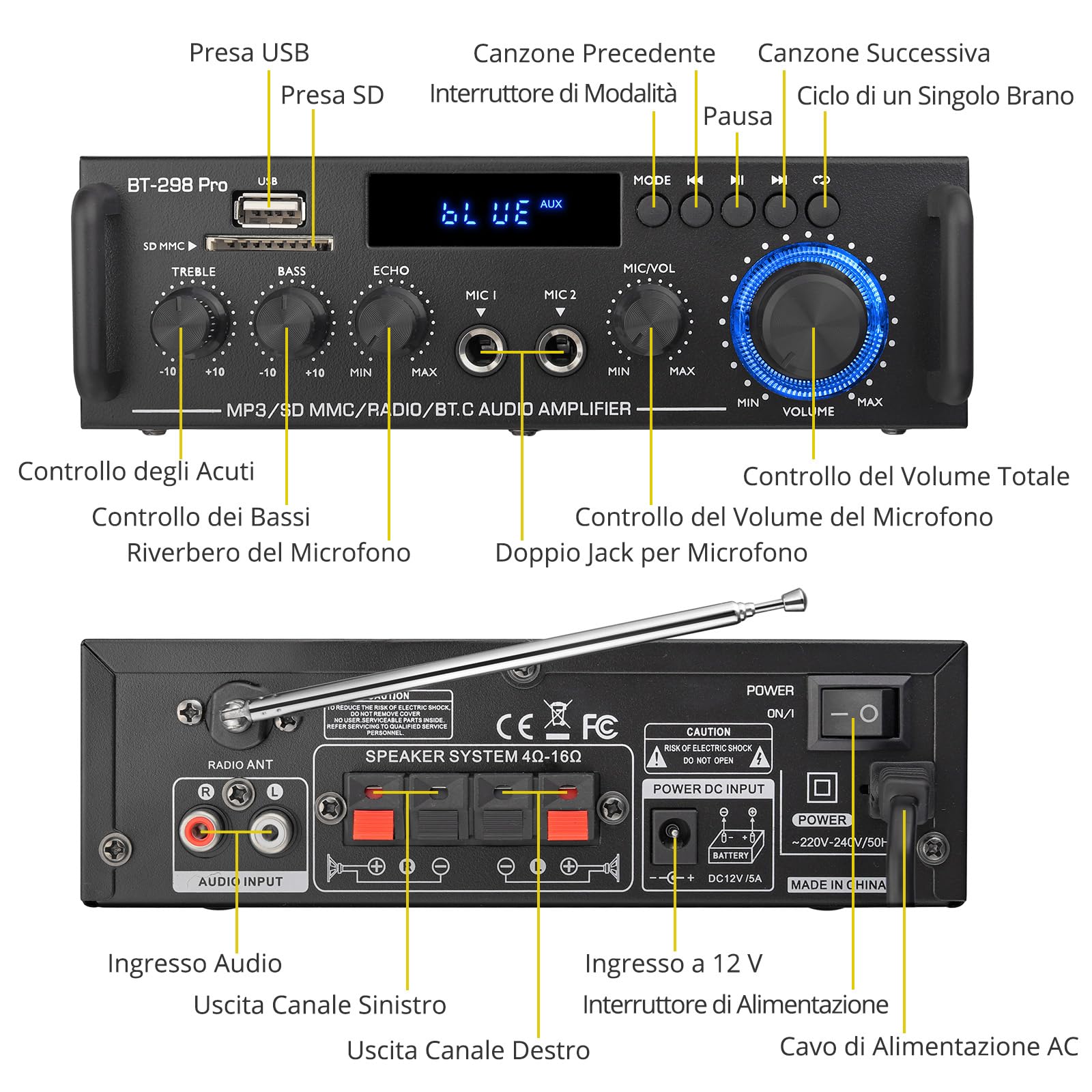 PROZOR Amplificatore Stereo Bluetooth a Due Canali Amplificatore HIFI con Più Modalità di Ingresso e Uscita Amplificatore Audio 50W+50W con Mini Telecomando Amplificatore per Karaoke Home Cinema