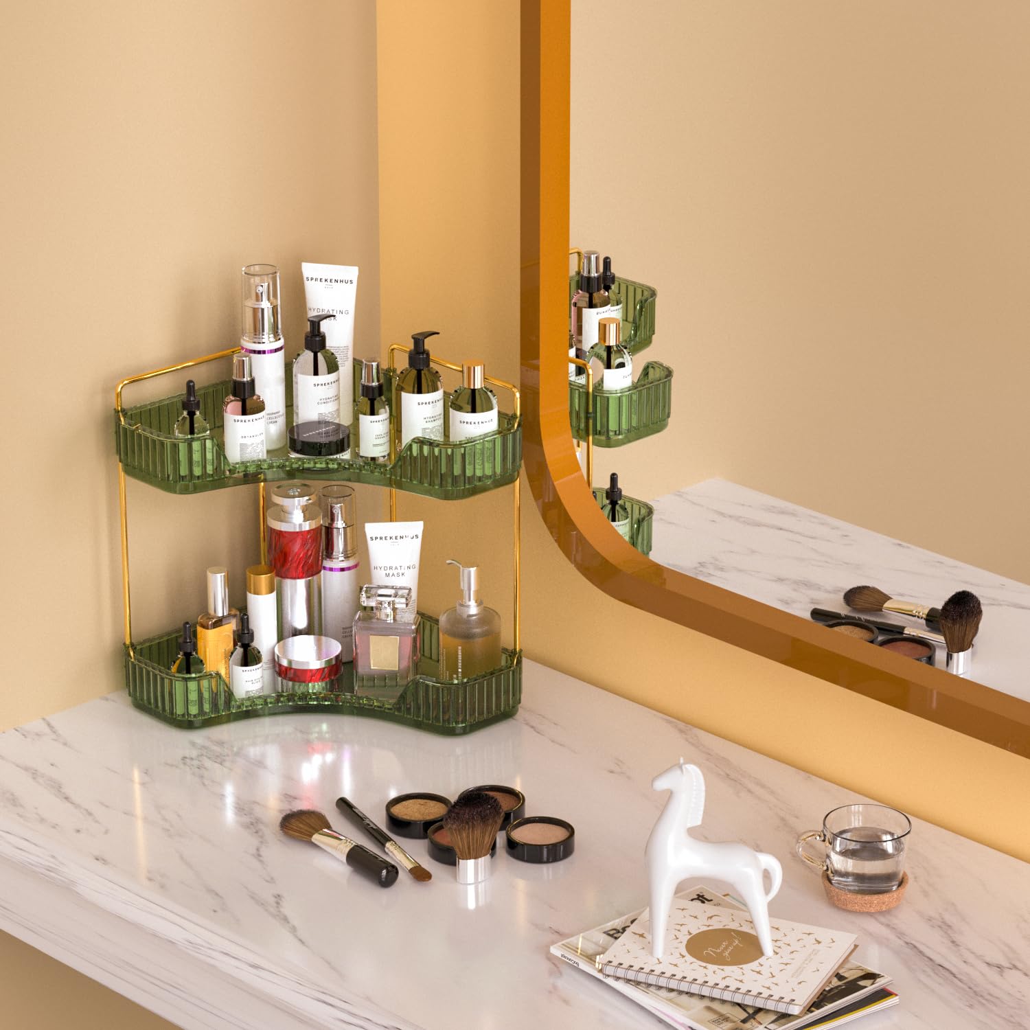 MOACC Organizzatore di Trucco, Organizzatore di Cosmetici ad Grande Capacità, Organizzatore di Profumi, Make Up Organizer Adatti per Toeletta Camera da Letto Bagno Cucina, 2 Strati, Verde